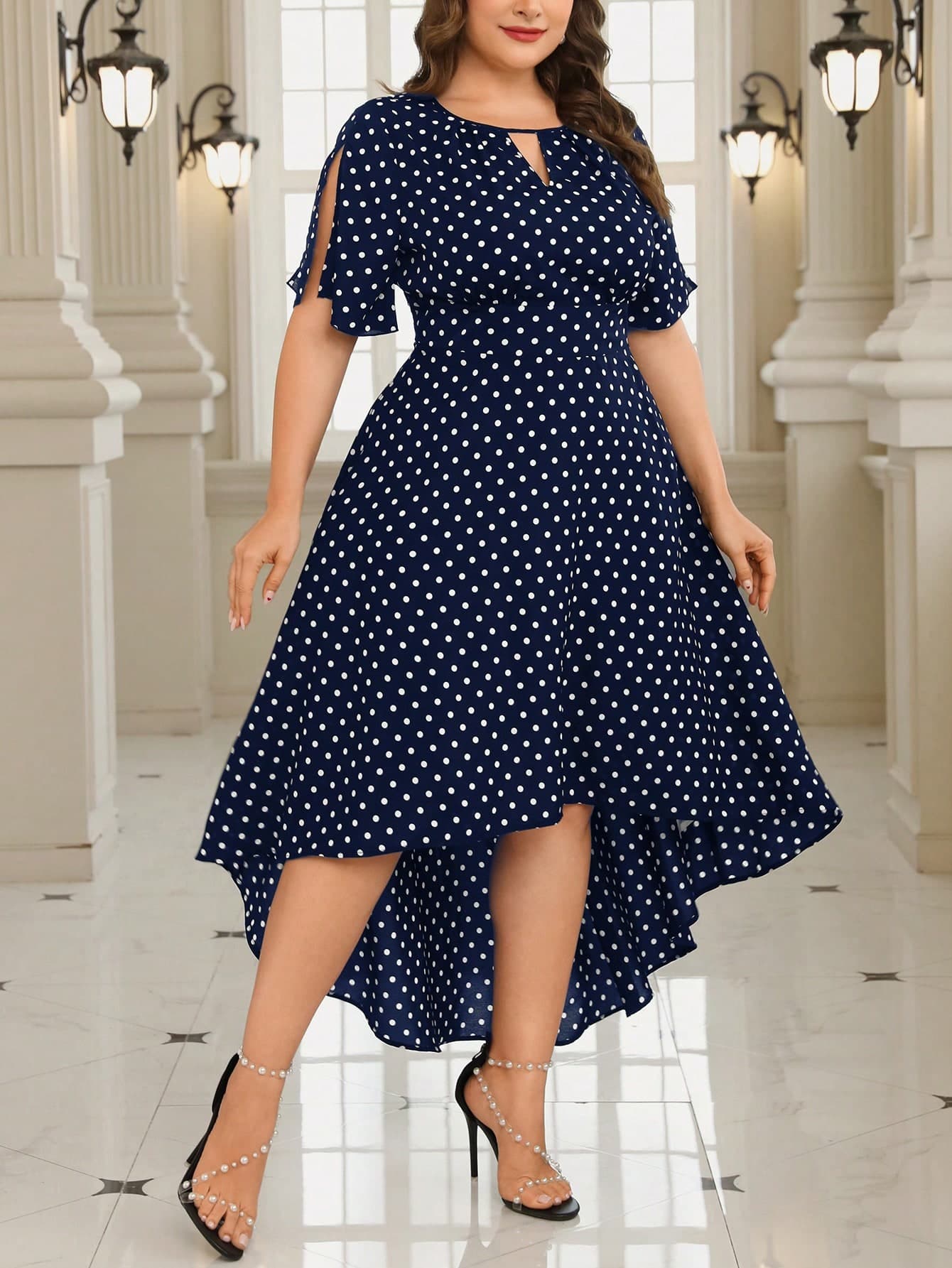 SHEIN Clasi Elegant Plus Size Polka Dot Print Asymmetrical Hem Dress For Spring/Summer