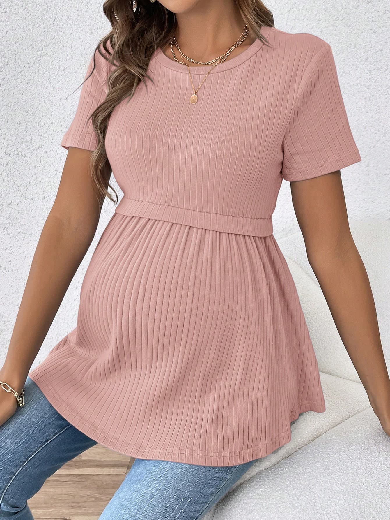 SHEIN Elegant And Romantic Round Neck Short Sleeve Maternity T-Shirt With Unisex Party Theme And Waist Cinched Design