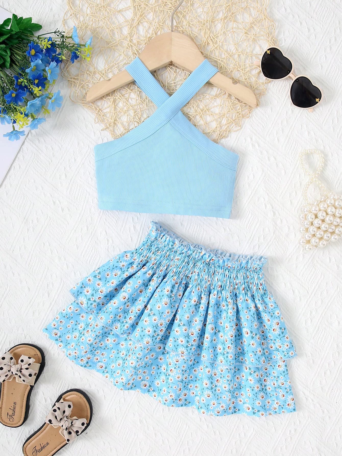 Genkimix Kids Young Girl Summer Holiday Leisure Halter Neck Sleeveless Ribbed Top & Floral Wrap Skirt Set,Matching Family Vacation,School Campus College Holiday Set