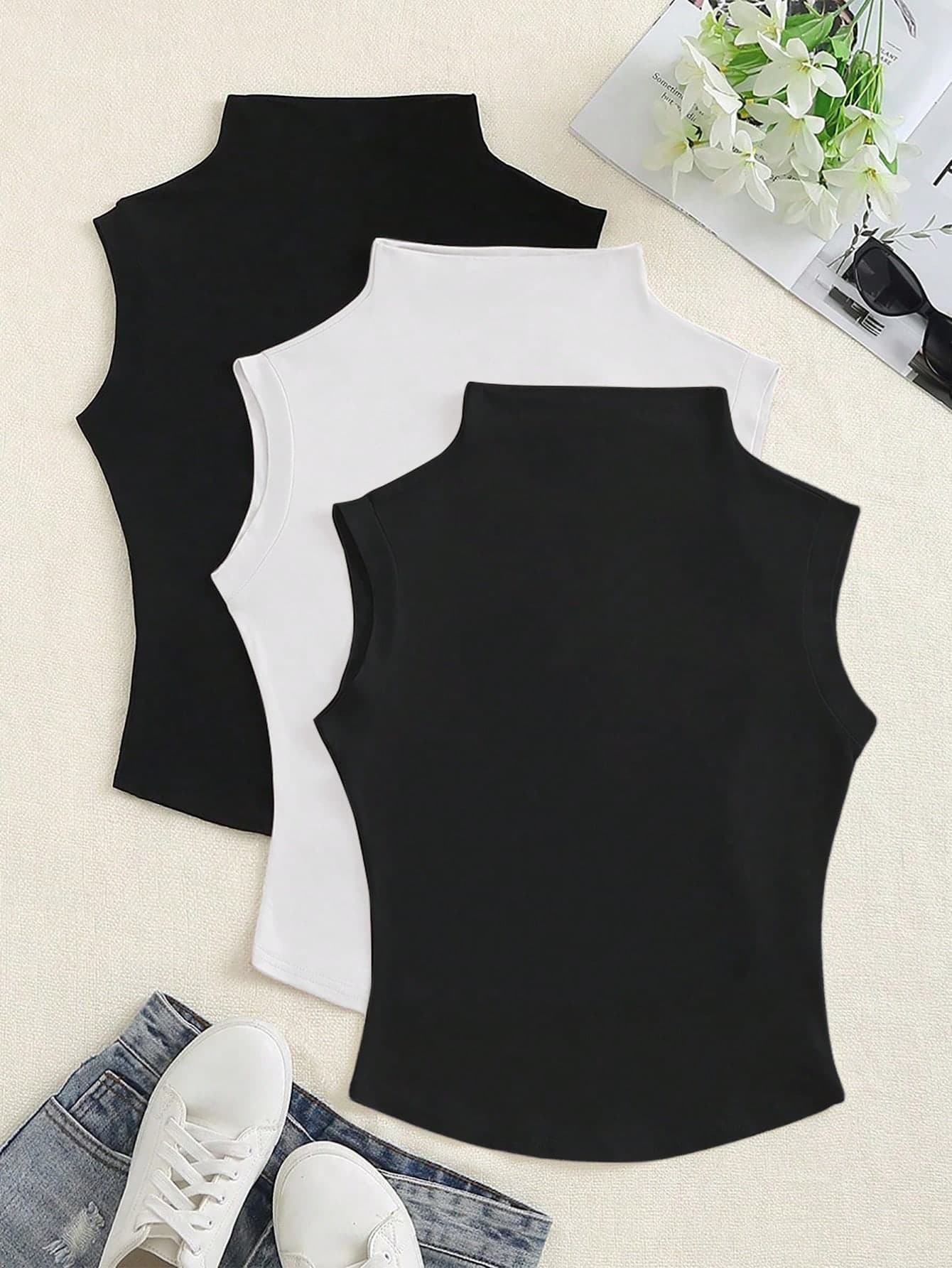 Elamini Spring/Summer Casual Solid Color Stand Collar Sleeveless T-Shirt