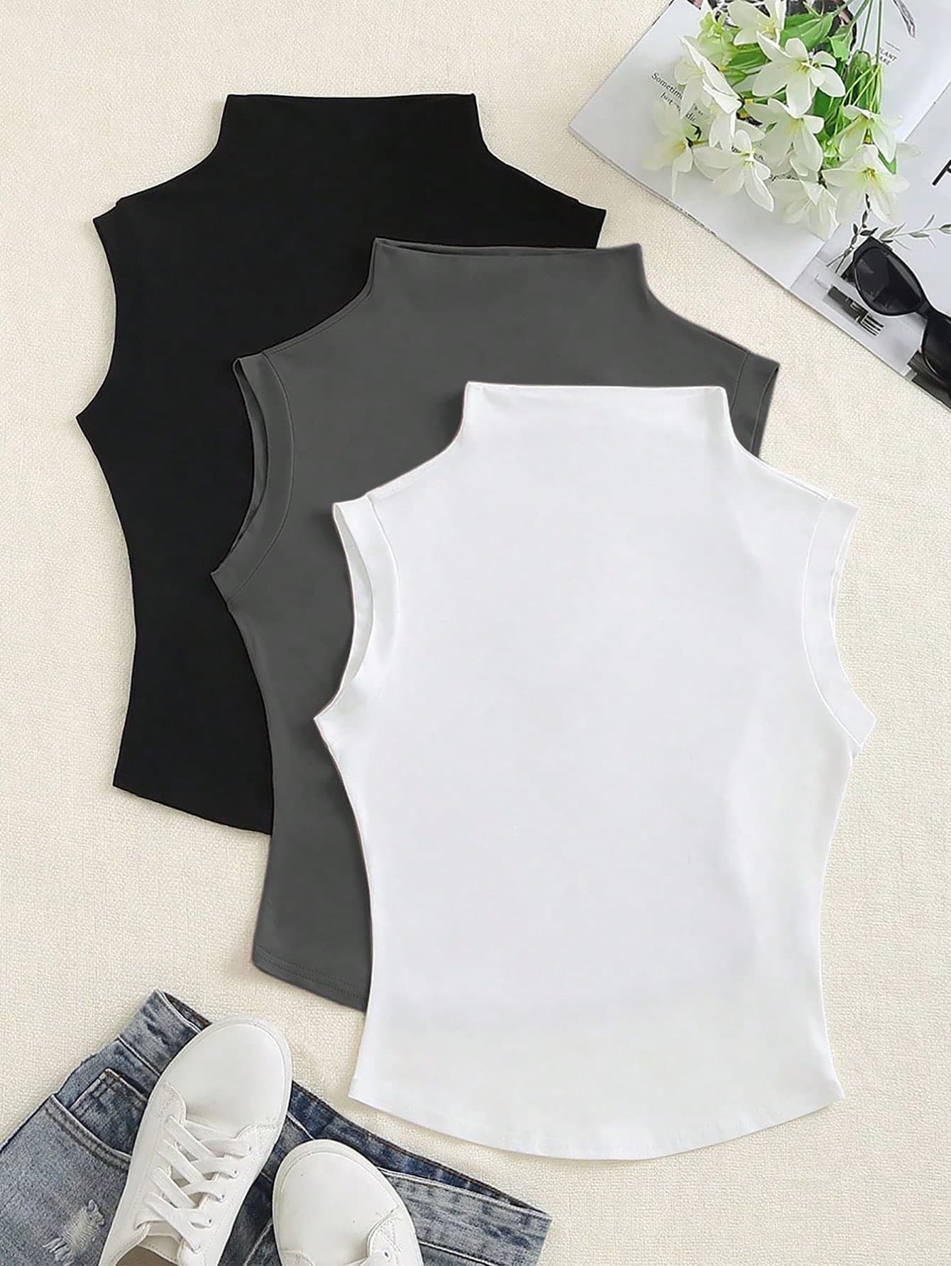 Elamini Solid Color Funnel Neck Slim Fit T-Shirt For Summer