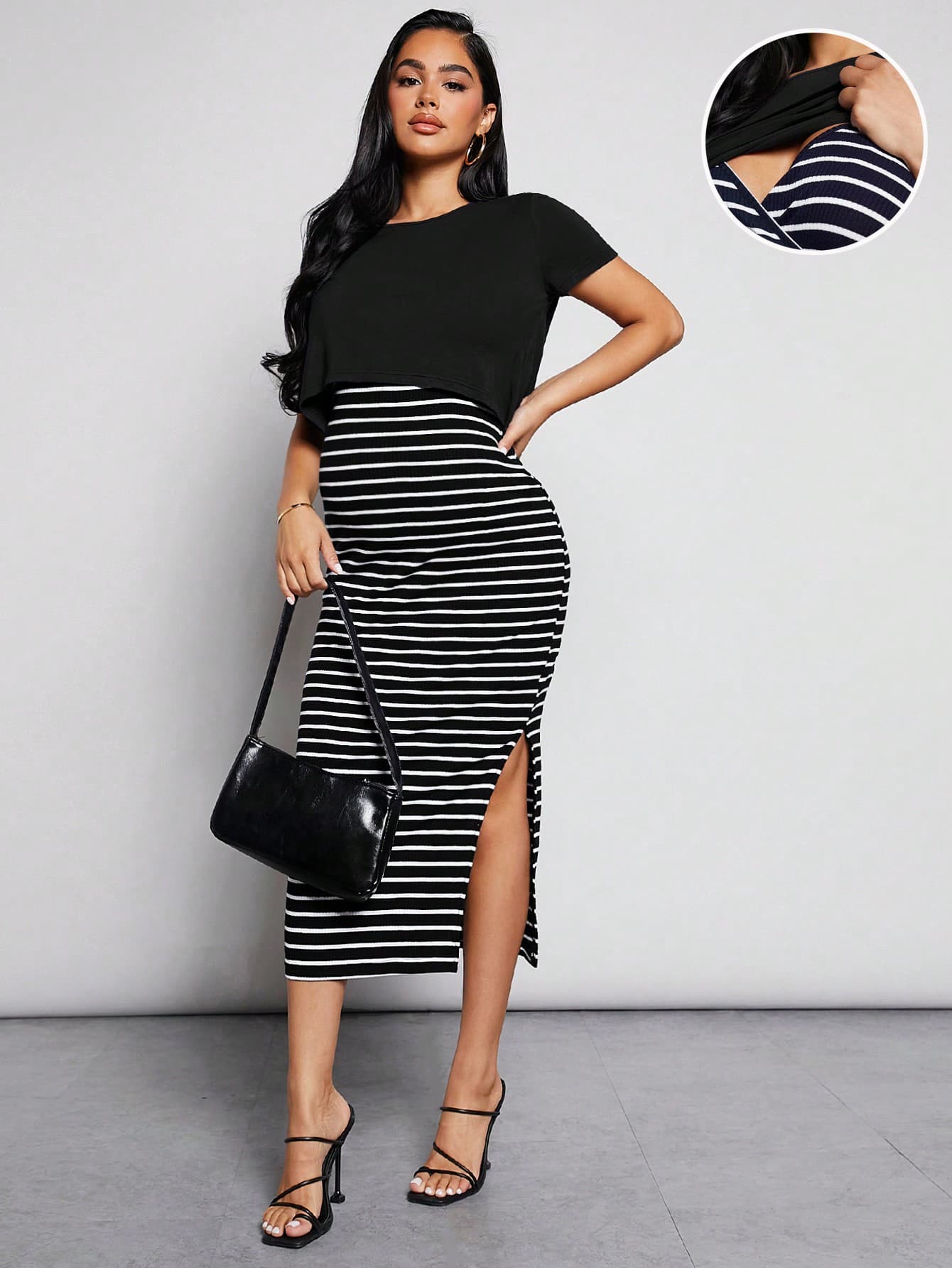 MaterniWear Maternity Summer Casual Nursing Outfits Set: Solid Color Short Sleeve Round Neck T-Shirt And Striped Printed Dress