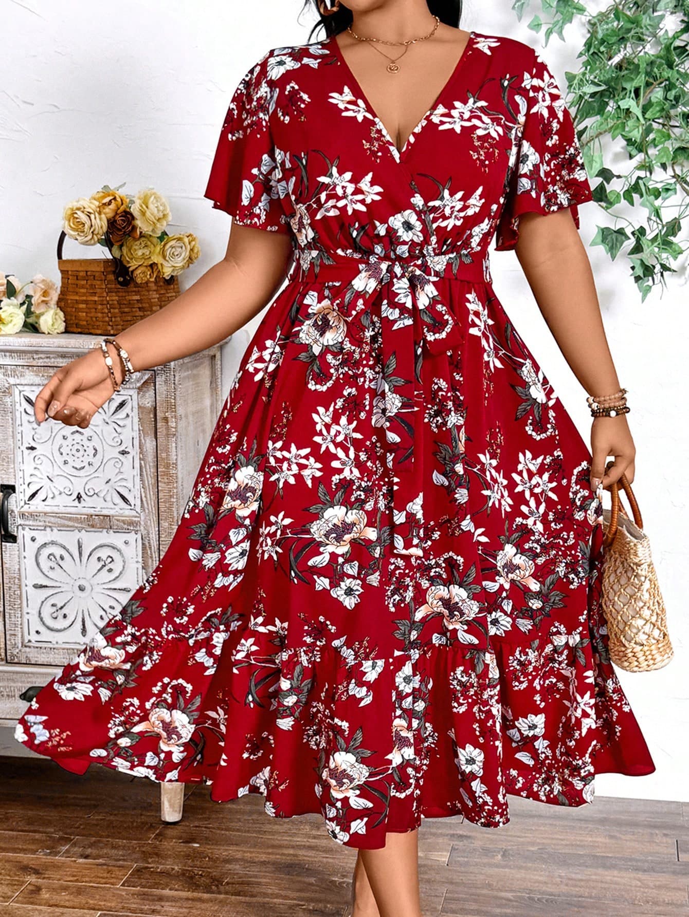DreamSkyne Plus Size Boho Holiday Floral Printed Ruffle Hem Long Summer Dress For New Year Women Outfit