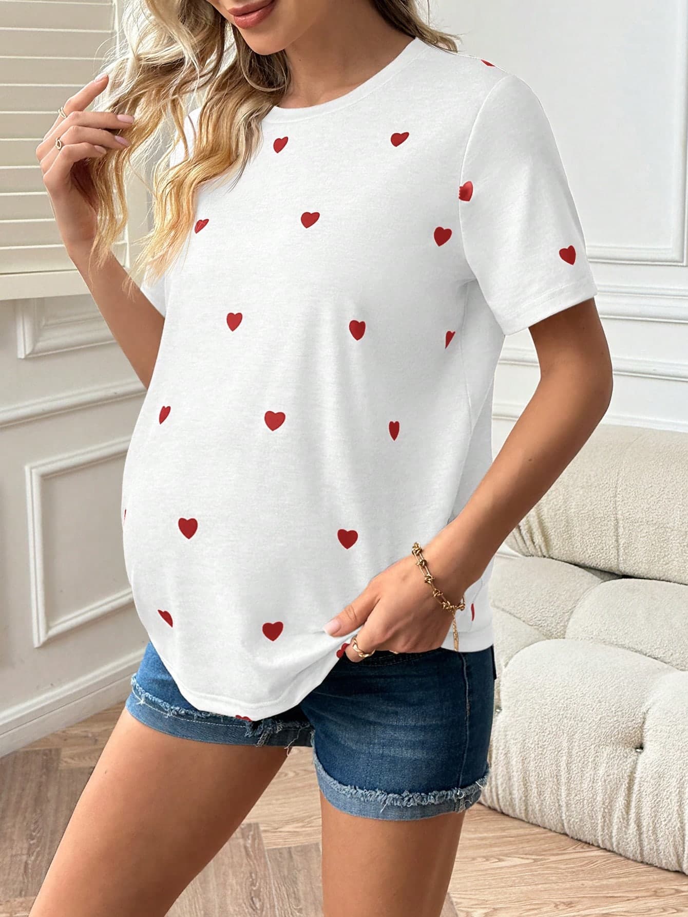 SHEIN Maternity Summer Round Neck Short Sleeve Casual Heart Top T-Shirt