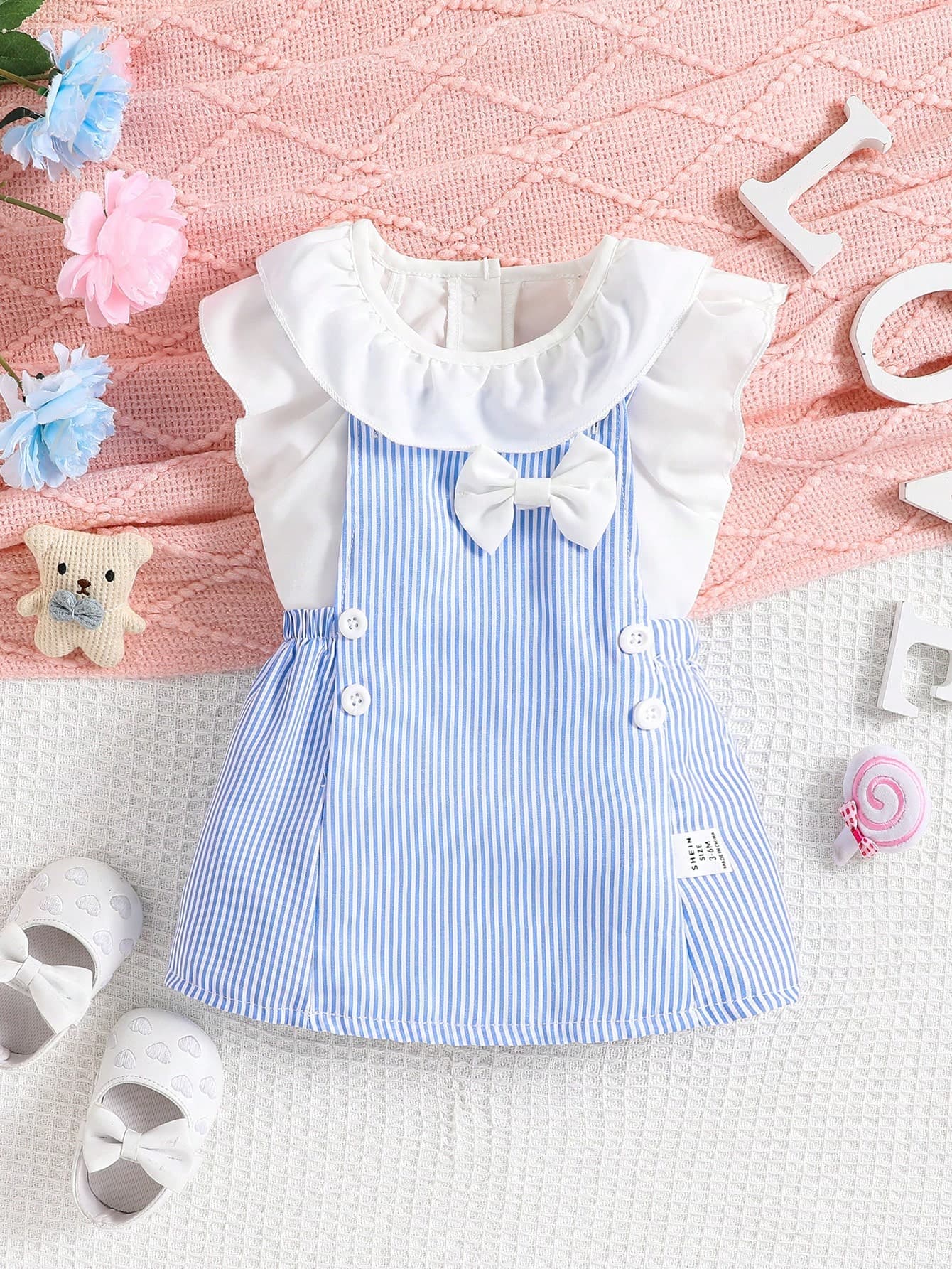 SHEIN Baby Girl Summer Sweet Ladylike Ruffle Trimmed Shirt And Woven Suspender Skirt Set