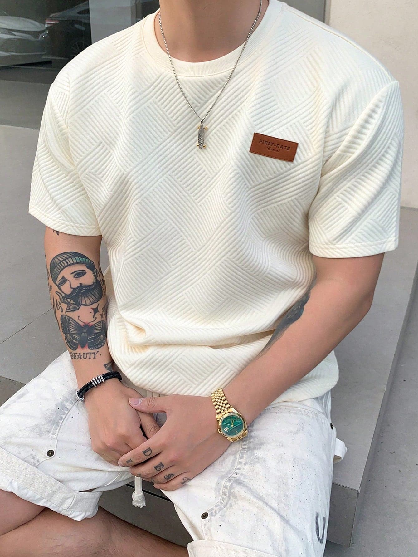 DAZY Men Stylish Solid Color Printed Label Adhesive Summer Short Sleeve T-Shirt