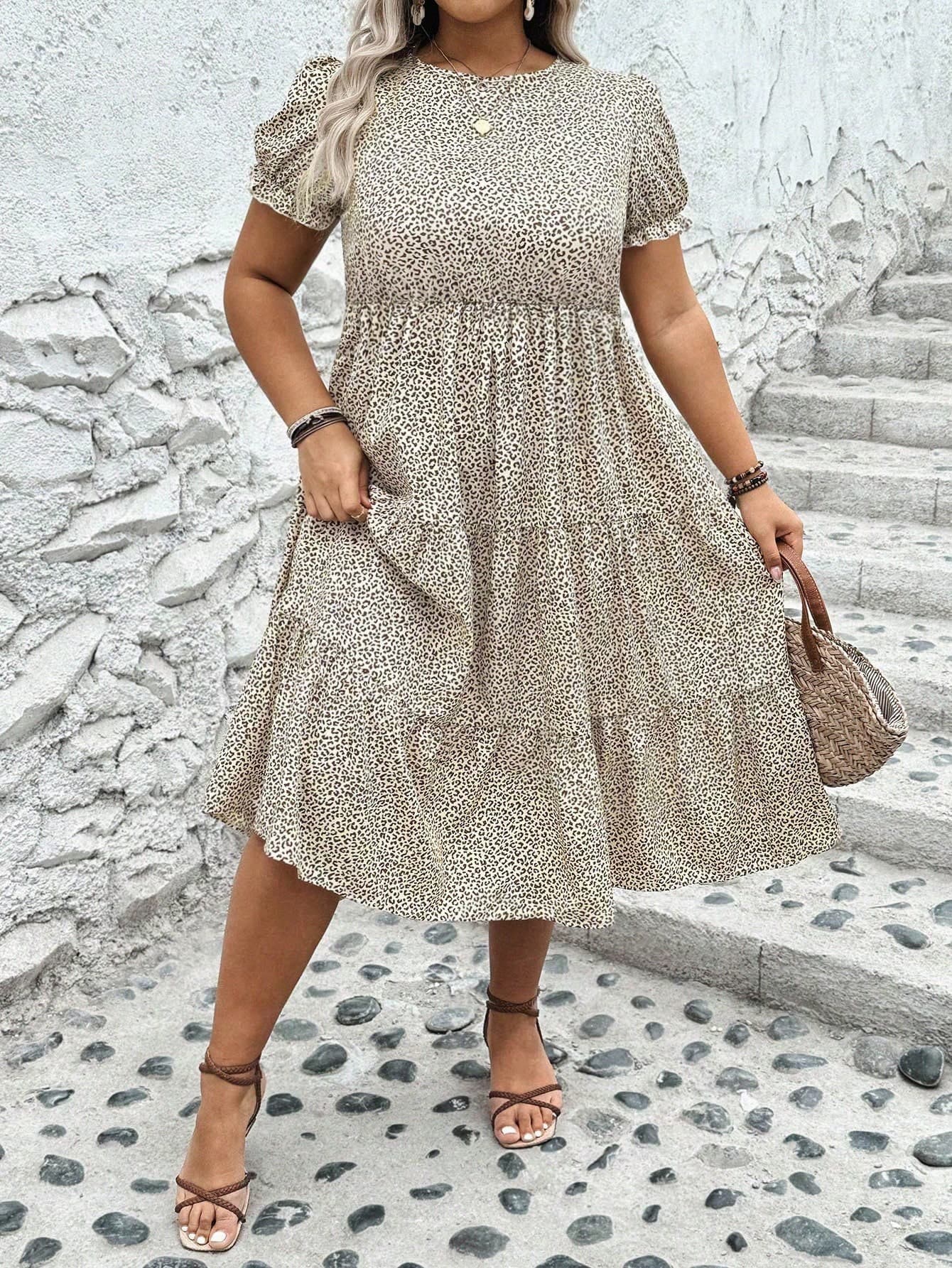 Breezaya Plus Size Women's Bubble Sleeve Leopard Print Summer Boho Dress Women Outfit