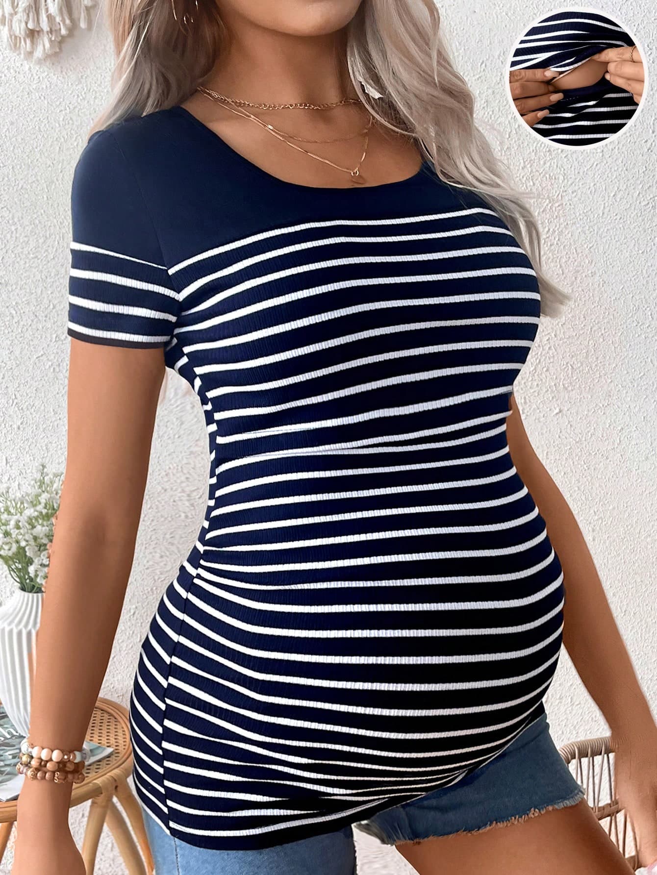 SHEIN Maternity Striped Print Slim Fit Breastfeeding Nursing T-Shirt