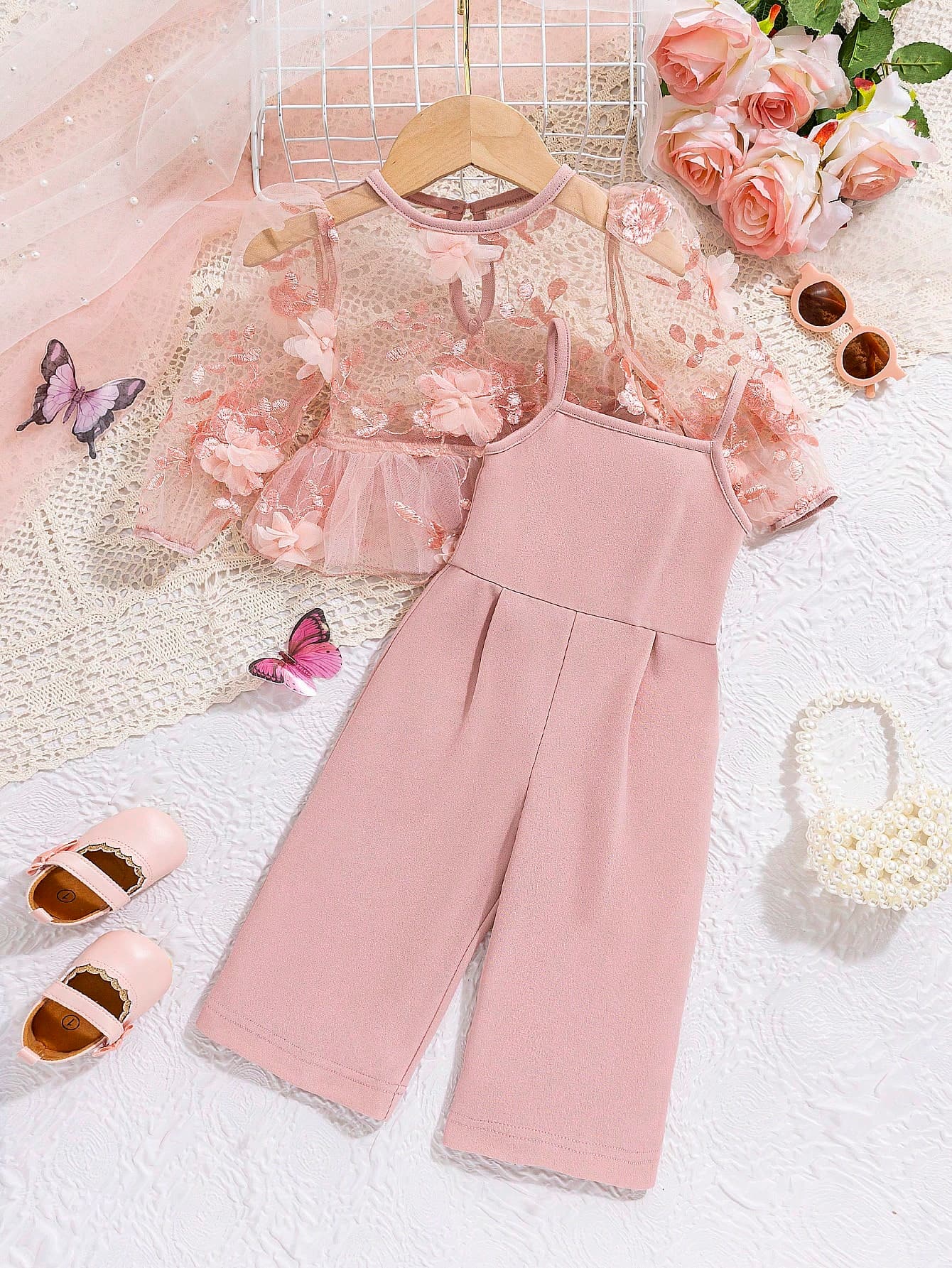 SHEIN Baby Girl Summer Floral Patched Contrast Mesh Long Sleeve Top Elastic Waist Solid Jumpsuit Set, Suitable For Summer
