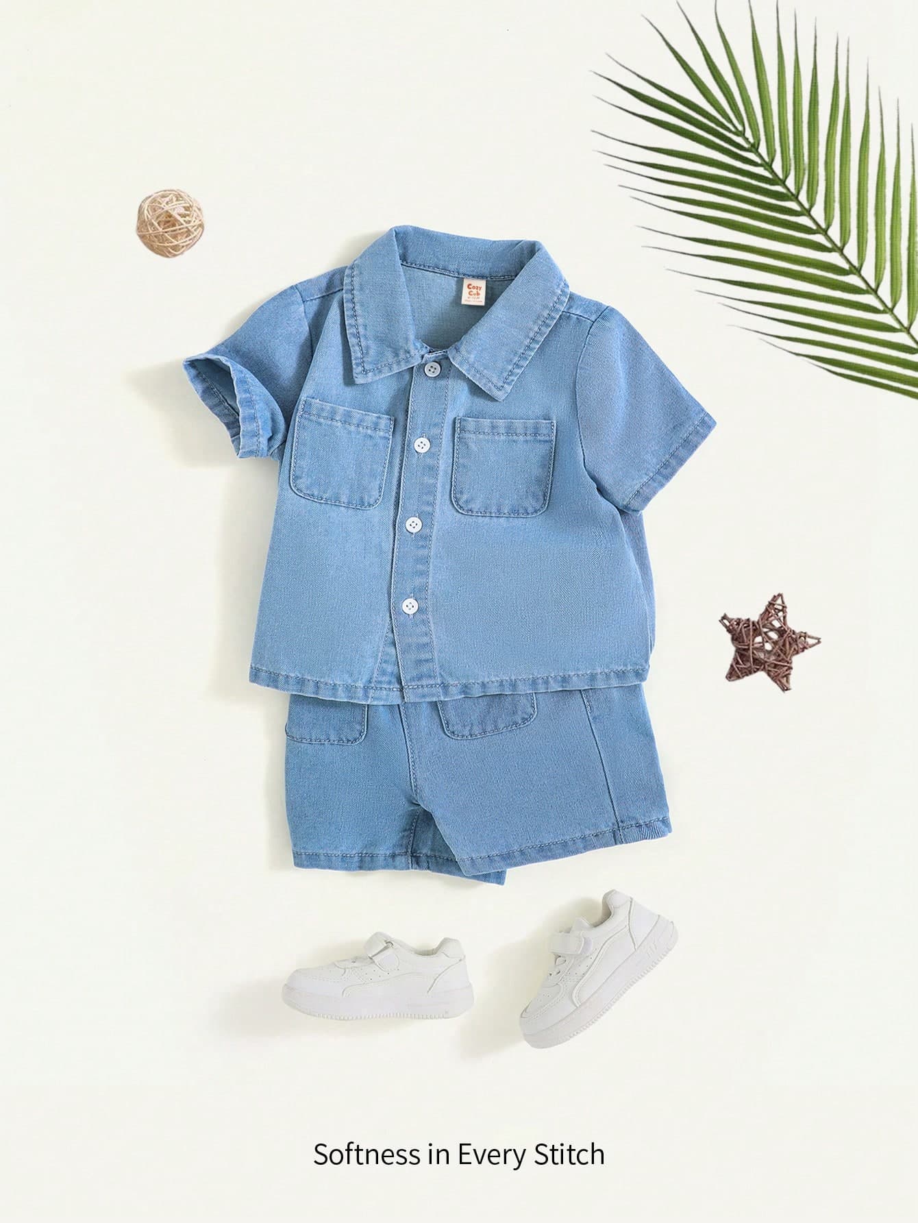 Cozy Pixies Baby Boy Spring Summer Boho Casual Soft 2pcs/Set Solid Blue Washed Patch Pockets Button-Front Shirt And Elastic Waistband Baggy Denim Jeans Shorts,Baby Boy Summer Clothes Outfits