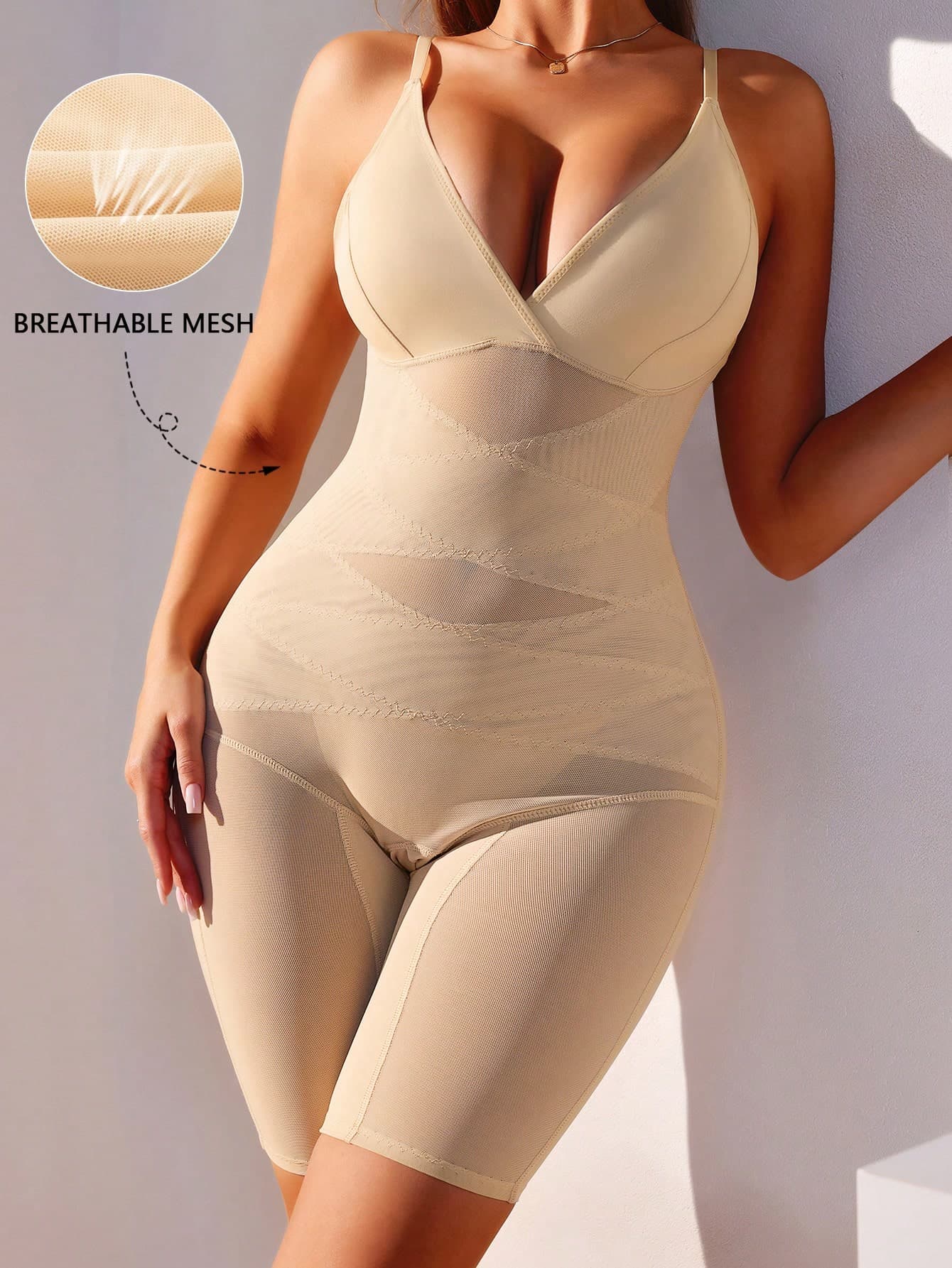 SHEIN 1pc Casual Mesh Bodysuit With Sponge Hip Pad And Waist Belt