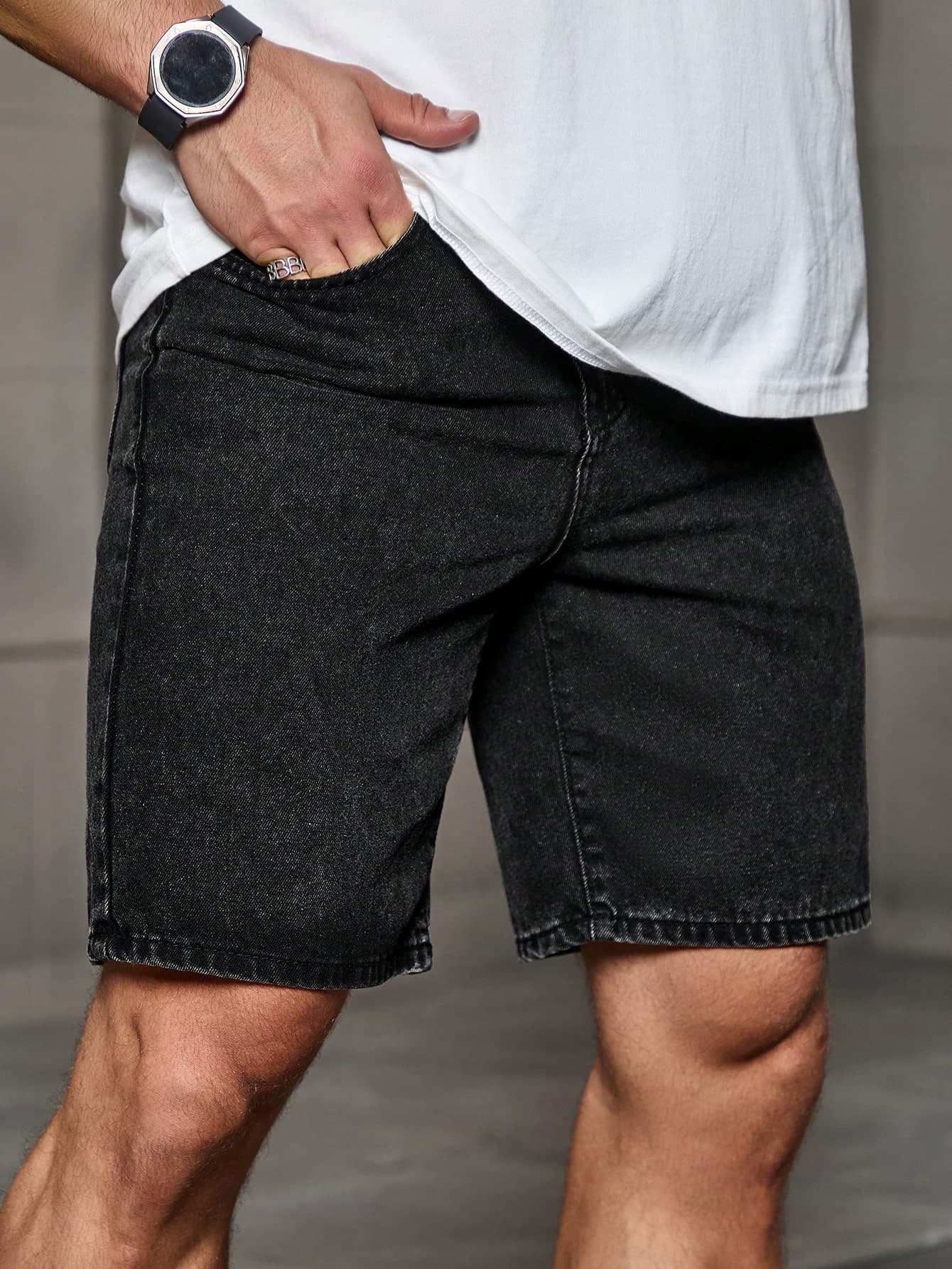 Manfinity Homme Men Gray Distressed Loose Fit Denim Jorts,Black,Summer,Casual,Streetwear,City Break Plain Black Work Denim Shorts For Husband Boyfriend Gift Urban