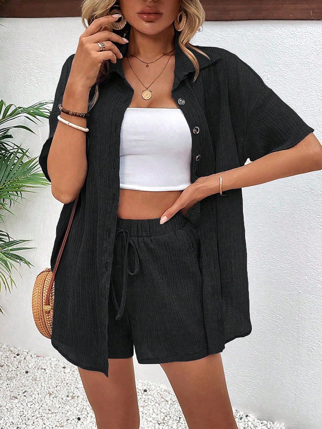 SHEIN Holidaya Women Vacation Casual Solid Color Turn-Down Collar Short Sleeve Shirt And Shorts Set