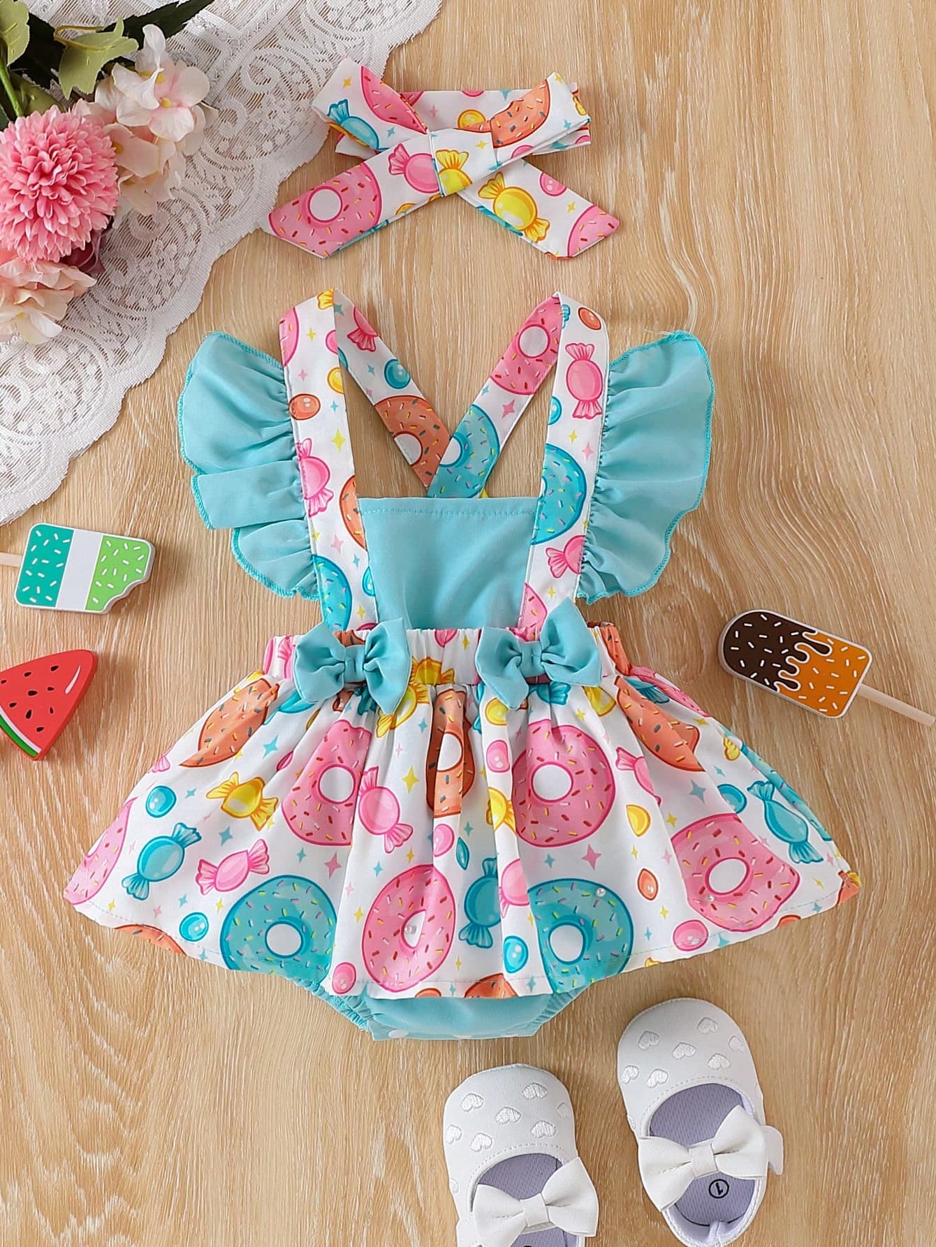 Baby Girl Sweet Donut & Candy Printed Sleeveless Dress With Bowknot Decoration, Ruffled Hemline For Summer Baby Romper Dress