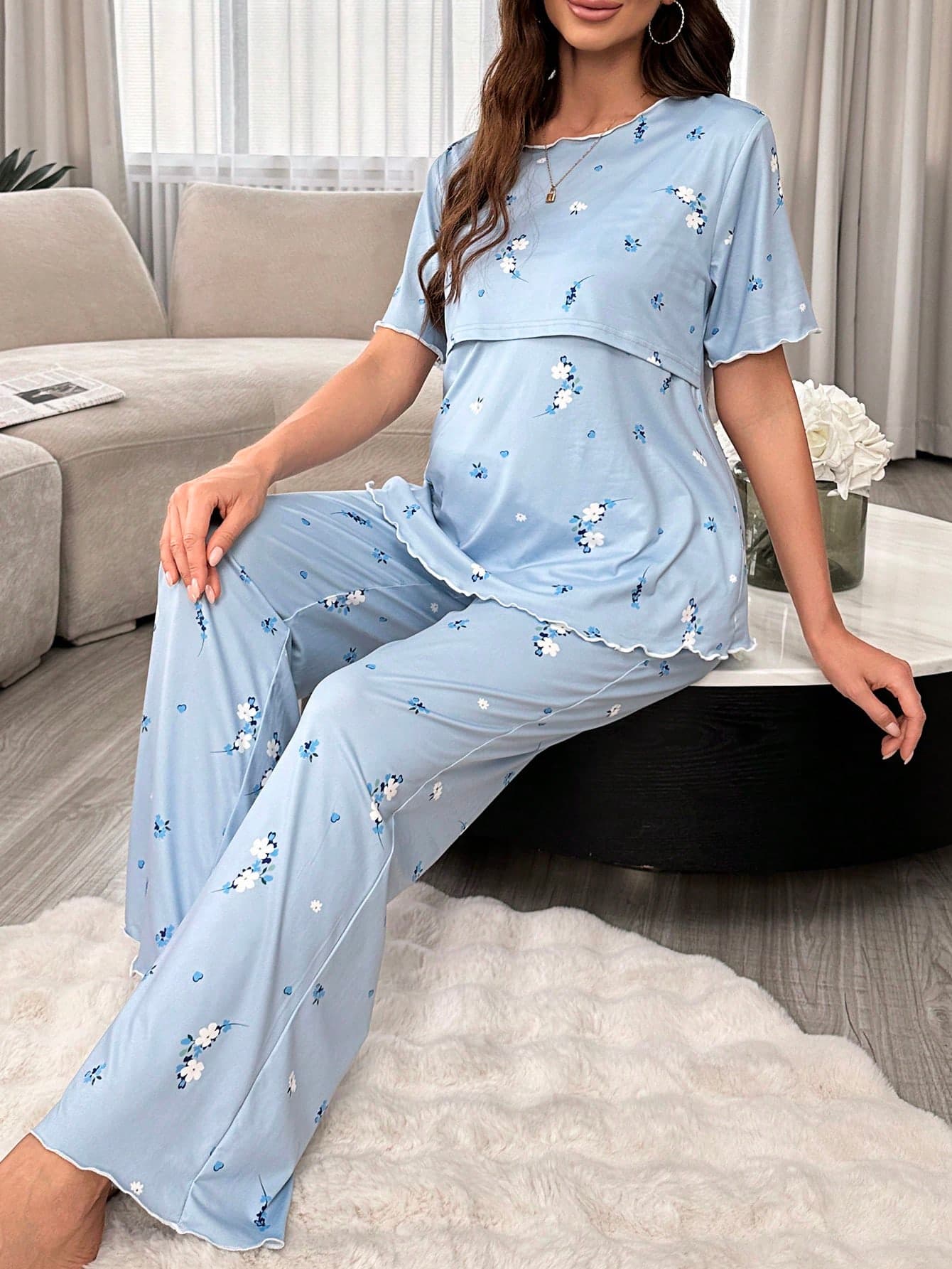 Moonlight&Mama Maternity Floral Pattern Nursing Short Sleeve Top And Long Pants Pajama Set