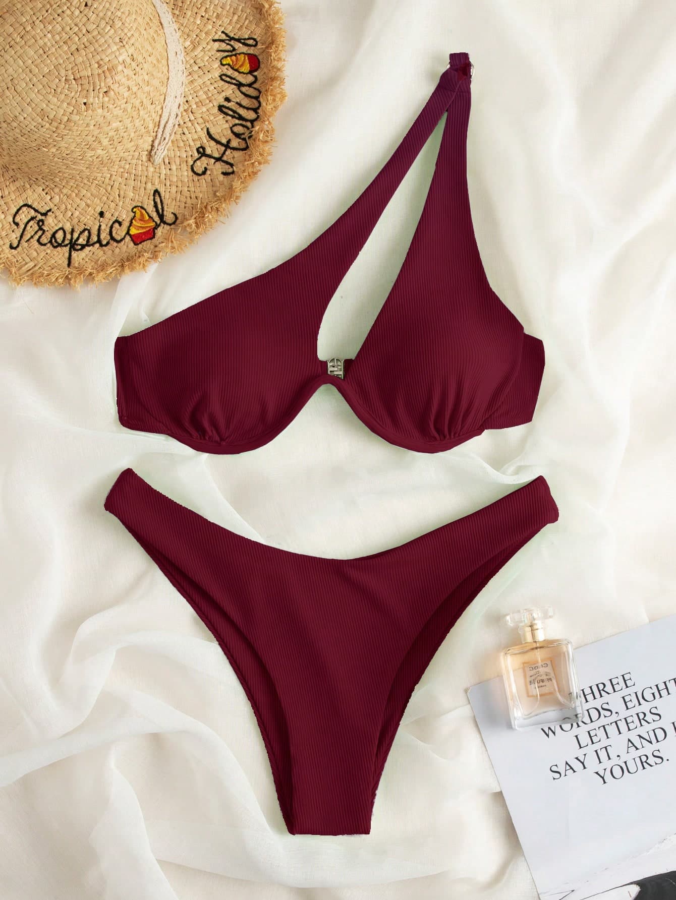 SHEIN Swim 2026 Spring/Summer Adjustable Shoulder Strap Underwire Padded Back Hook Solid Color High Cut Bottom Purple Red Women's Bikini 2-Piece Set
