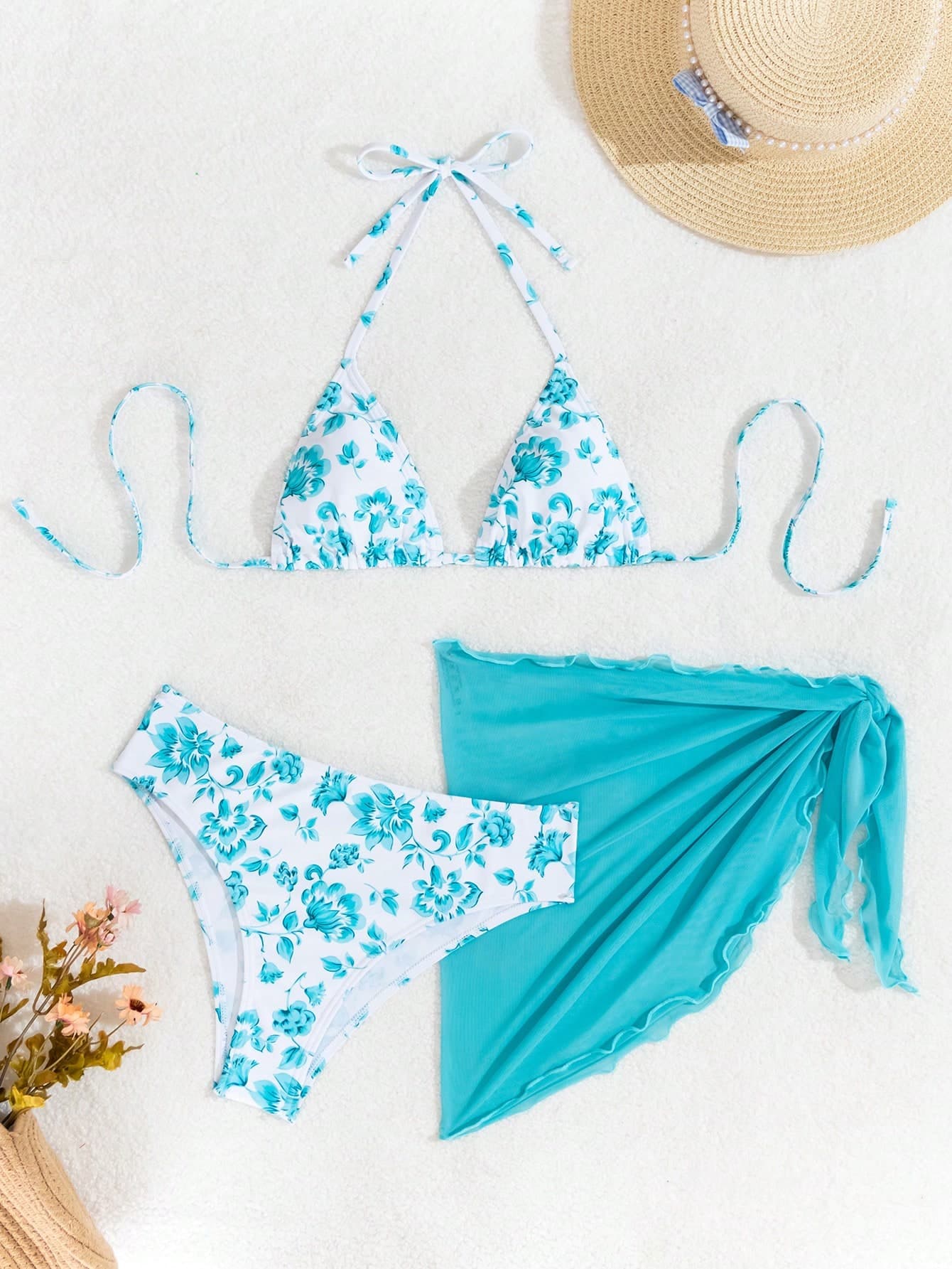 Swim Mod Summer Beach Women's Vacation Print Halter Neck Tie Sexy Bikini Set With Cover-Up Skirt , 3PCS, Random Print