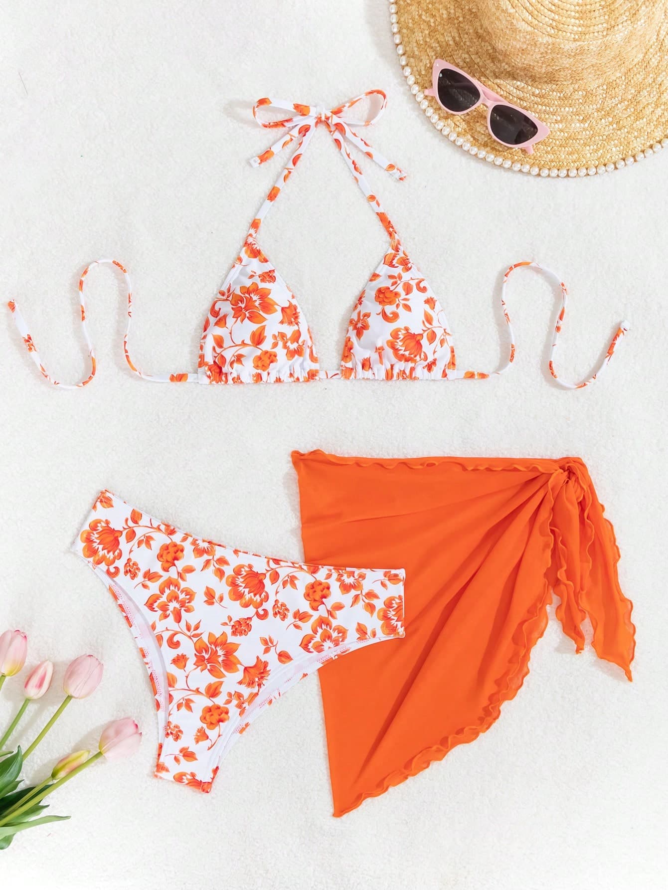 Swim Mod Women's Summer Beach Ditsy Floral Halter Bikini Set Vacation Bikini Set With Cover Up Skirt Bathing Suit, Random Print, 3pcs