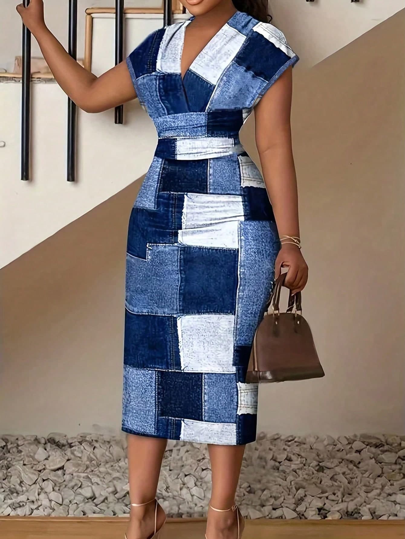 SHEIN Clasi Women Plus Size Printed Patchwork V-Neck Bodycon Dress With Cinching Waist, Summer