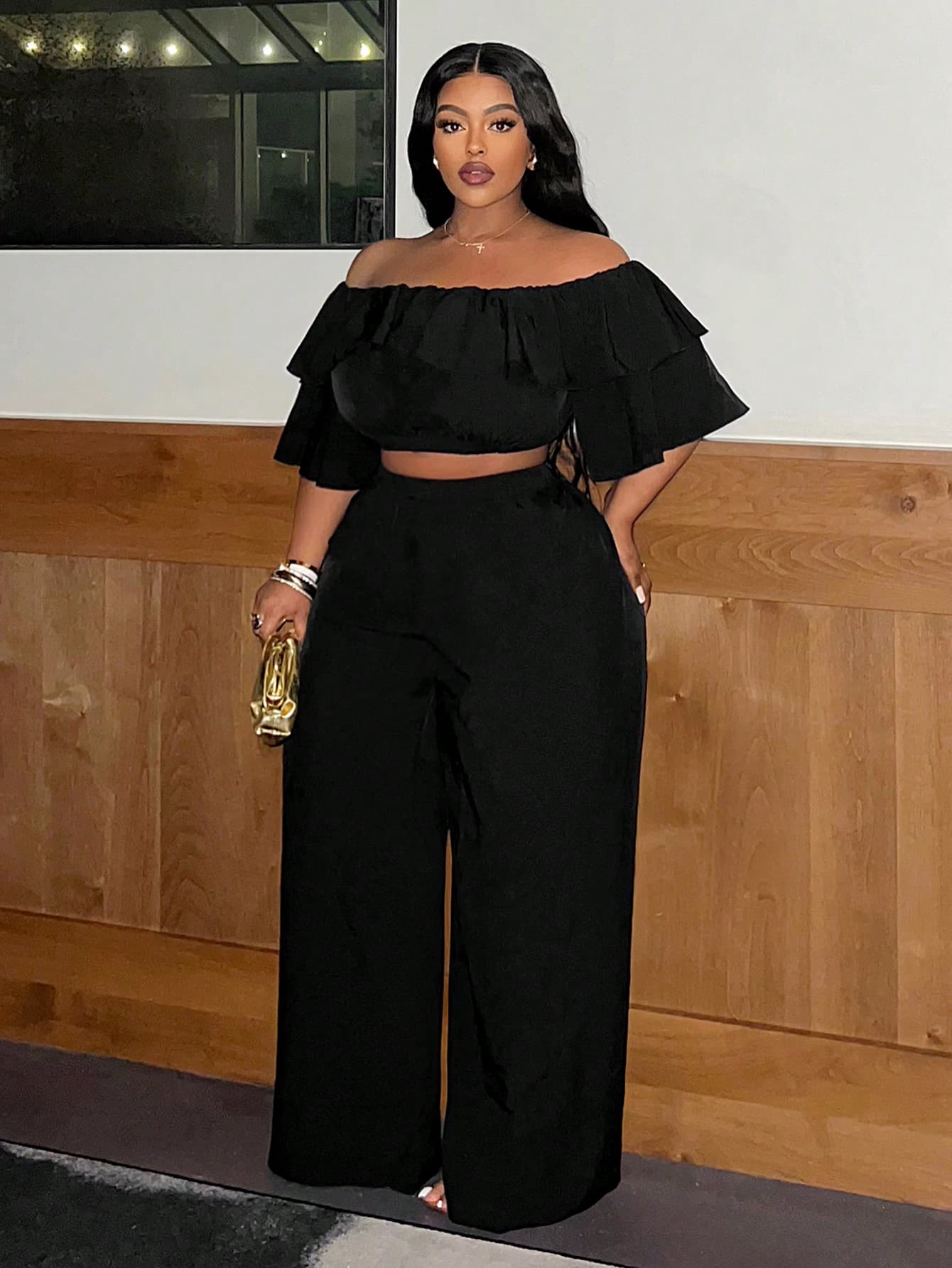 Slaydiva Casual Basic Off-Shoulder Ruffle Wide Leg Jumpsuit Plus Size For Women,Holiday Outfits