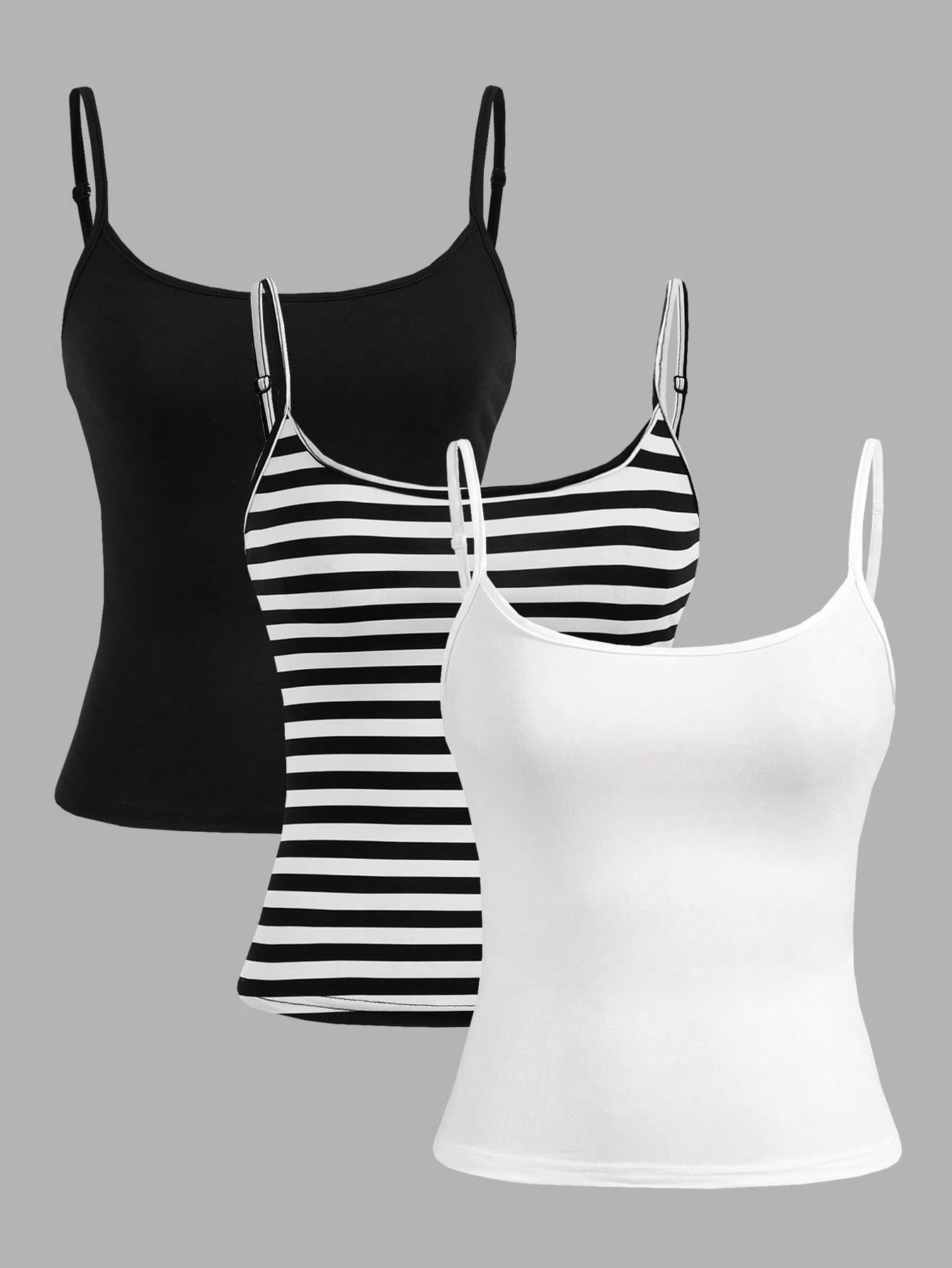 SHEIN EZwear Women's 3pcs/Set Striped Casual Sexy Tight Camisole Cami Top Top, Suitable For Summer Back To School