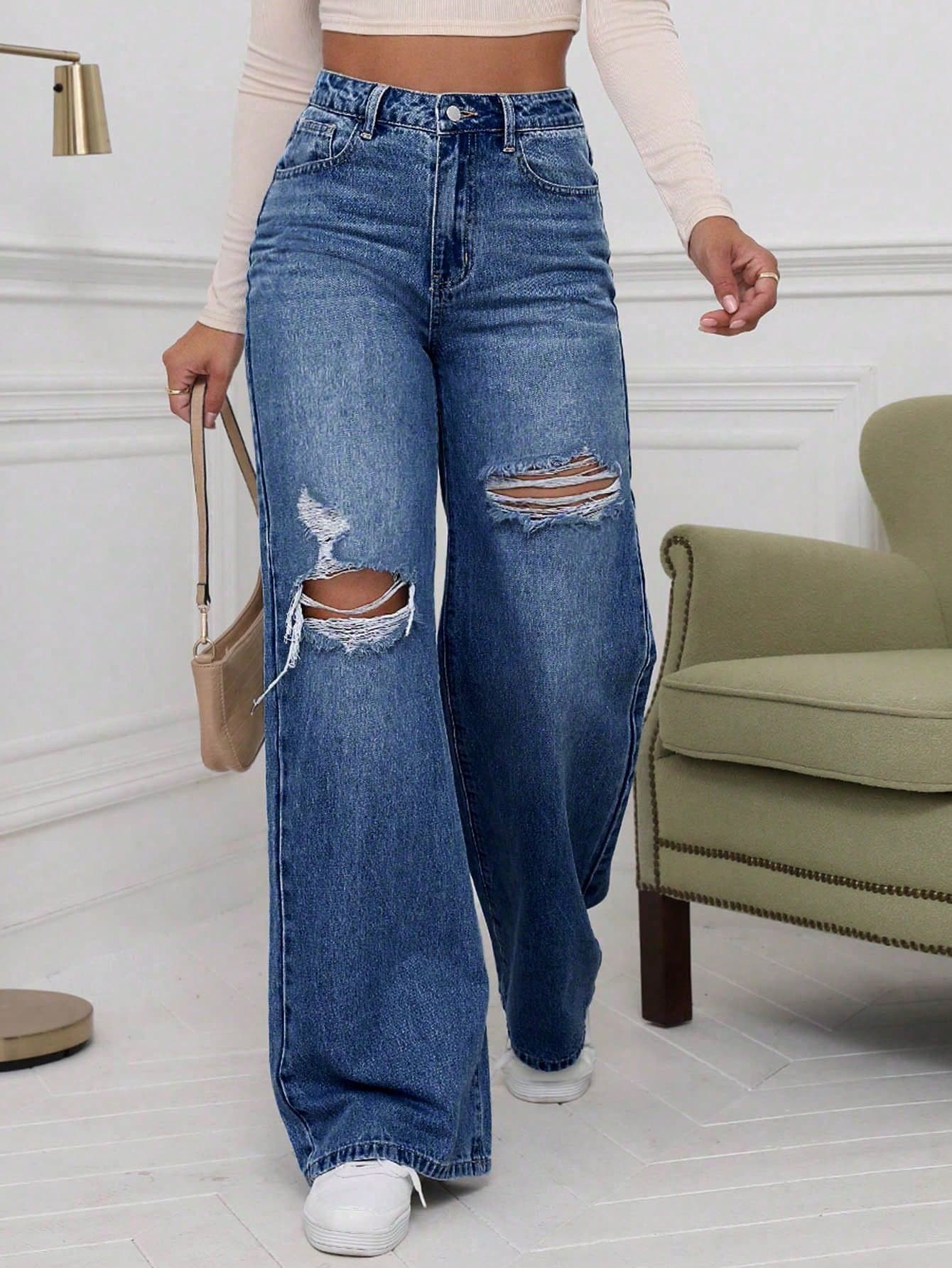 EMERY ROSE Casual Washed Ripped Wide Leg Jeans