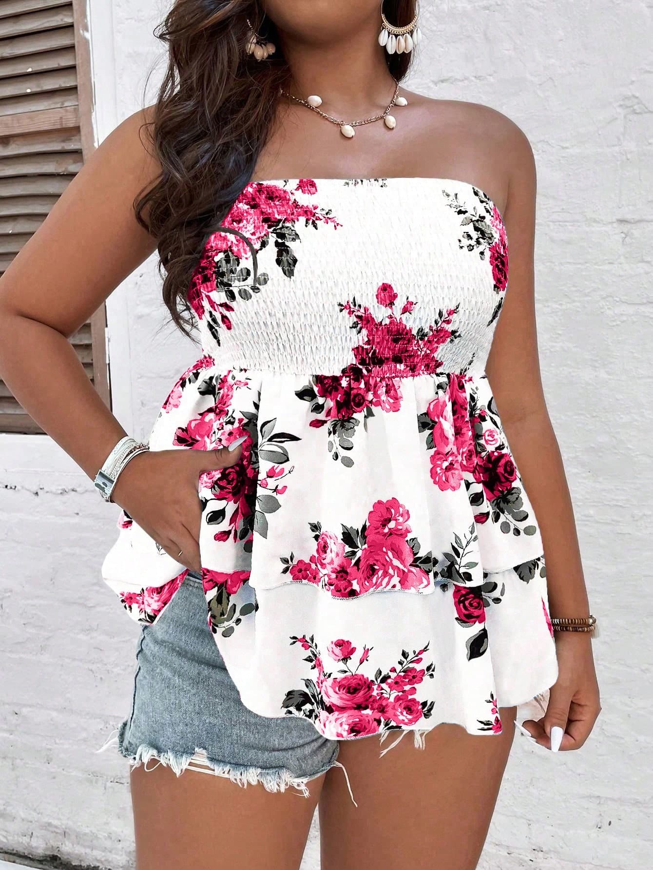 SHEIN Clasi Plus Size Boho Floral Print Bandeau Top, Perfect For Holiday & Leisure, For Summer