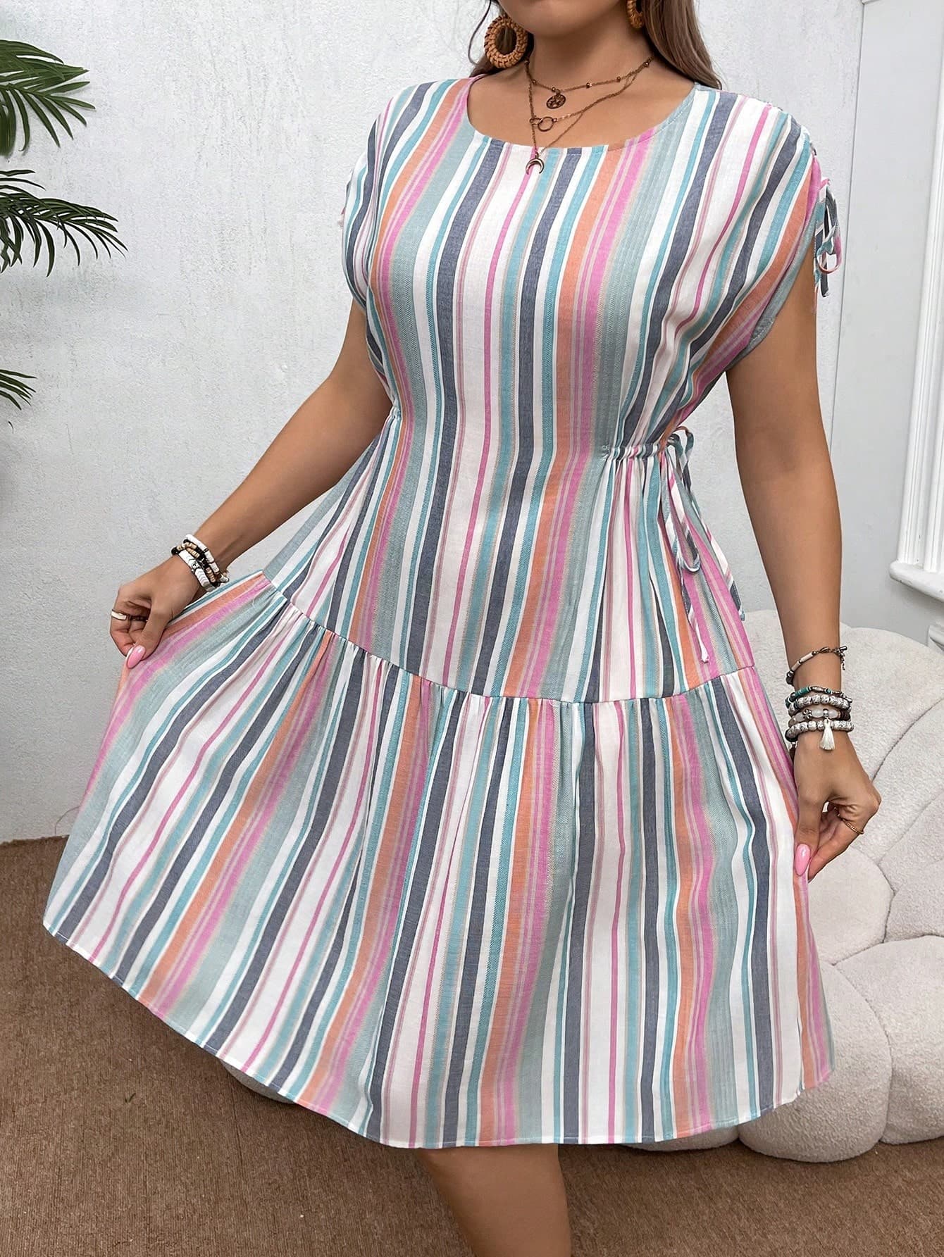 SHEIN VCAY Women Plus Size Boho Striped Pocket Drawstring Midi Dress For Vacation And Casual Occasions, For Summer