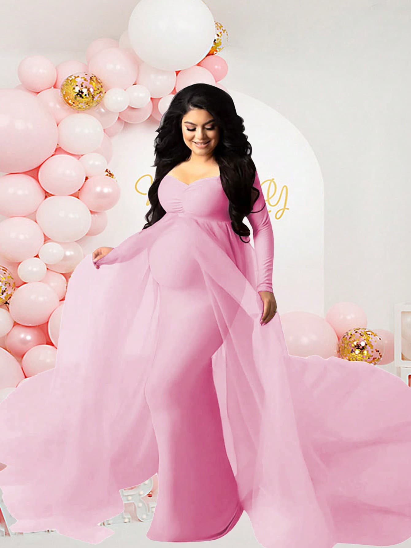 JustVH Maternity Long Sleeve Floor-Length Mesh Dress, Suitable For Baby Photo Shoots And Baby Shower Parties Spring Pink