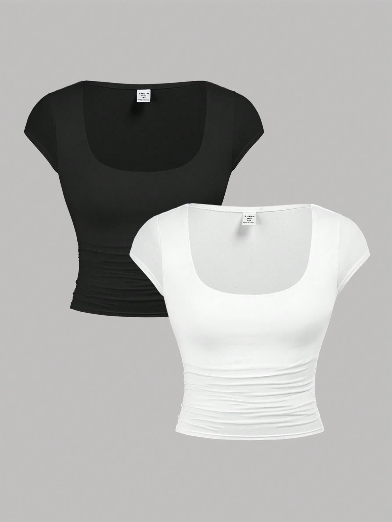 SHEIN Girlism Teen Girl 2pcs Knitted Solid Color Short Sleeve T-Shirt With Large U-Neckline And Pleats