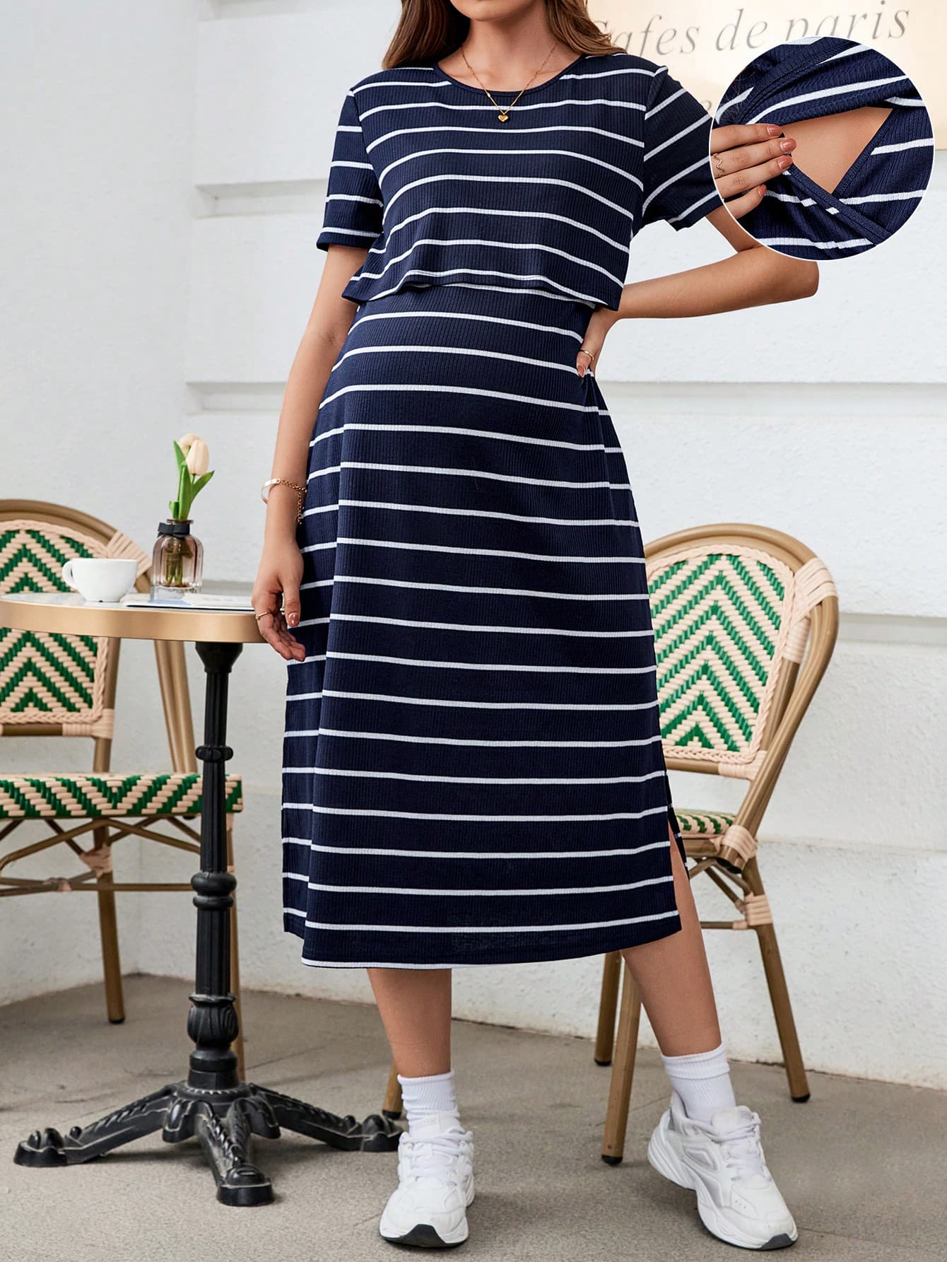 SHEIN Pregnant Women Fashionable Striped Simple Style Nursing Dress For Maternity World Cup