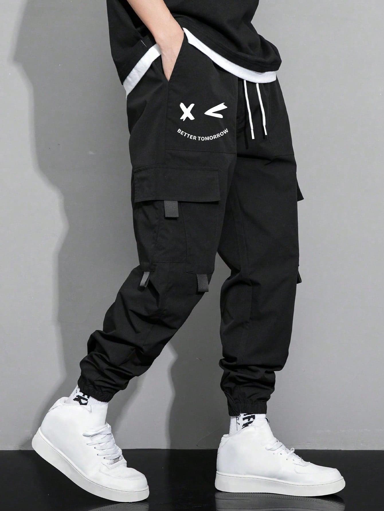 Mirajuku Teen Boy Drawstring Waist Cartoon Expression Print Woven Sweatpants With Pockets, Street Casual Style, School, Campus, College