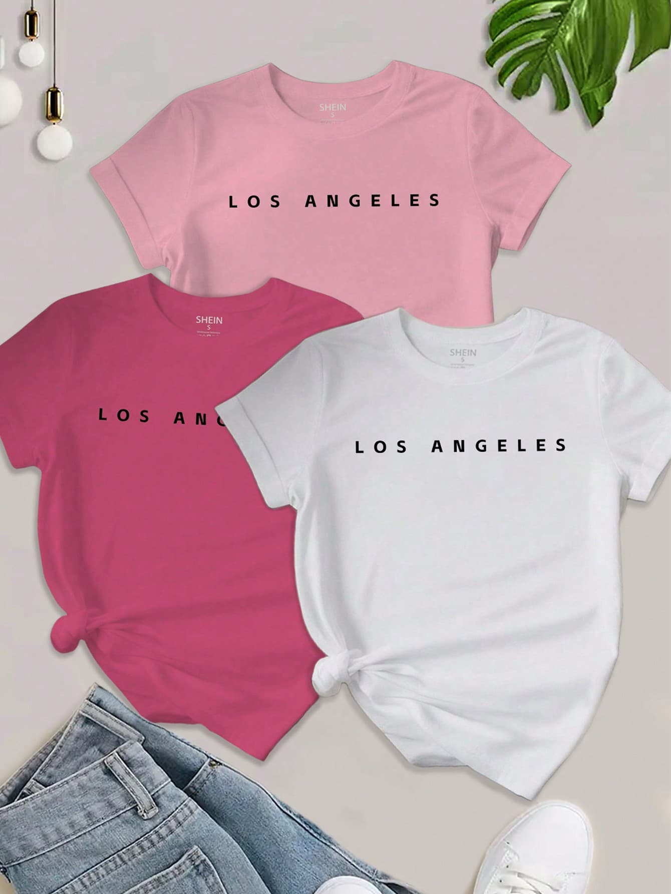 Chiquease 3PCS Women's Slogan Letter Printed T-Shirt Short Sleeved Casual Top LOS ANGELES Graphic Tees Women Tops