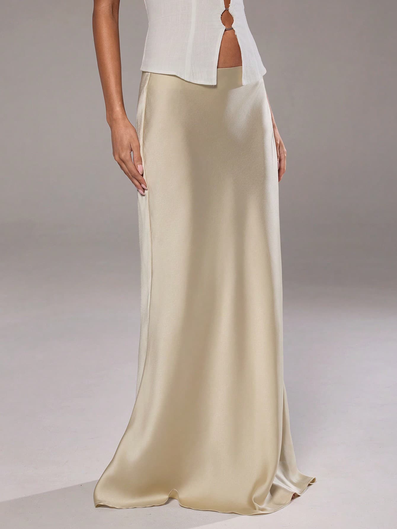 Aloruh Women's Champagne Gold Elegant Summer Satin Maxi Skirt,Basic Solid Color Low-Waisted Midi Skirt For Work,Party,Dining,Weddings & Events,Work Outfits