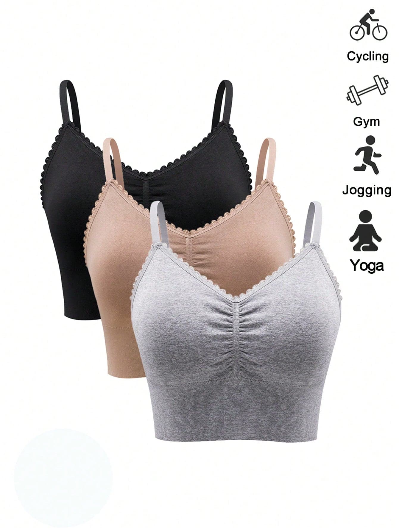 3pcs Solid Color Contrast Lace V-Neck Seamless Sports Bra, Yoga Essentials