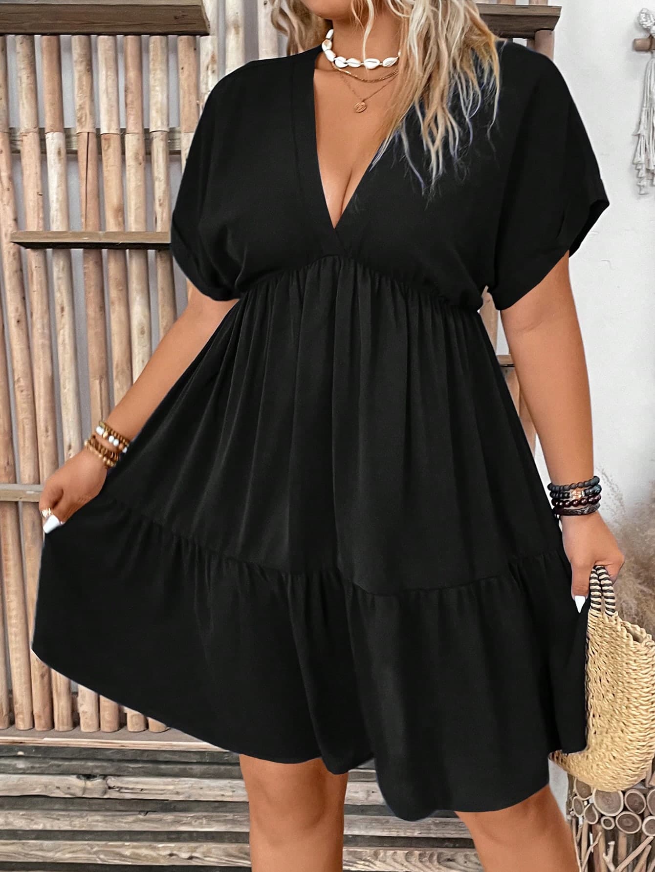 EMERY ROSE Plus Size Women's Solid Color Deep V-Neck Batwing Sleeve Short Casual Dress, Summer