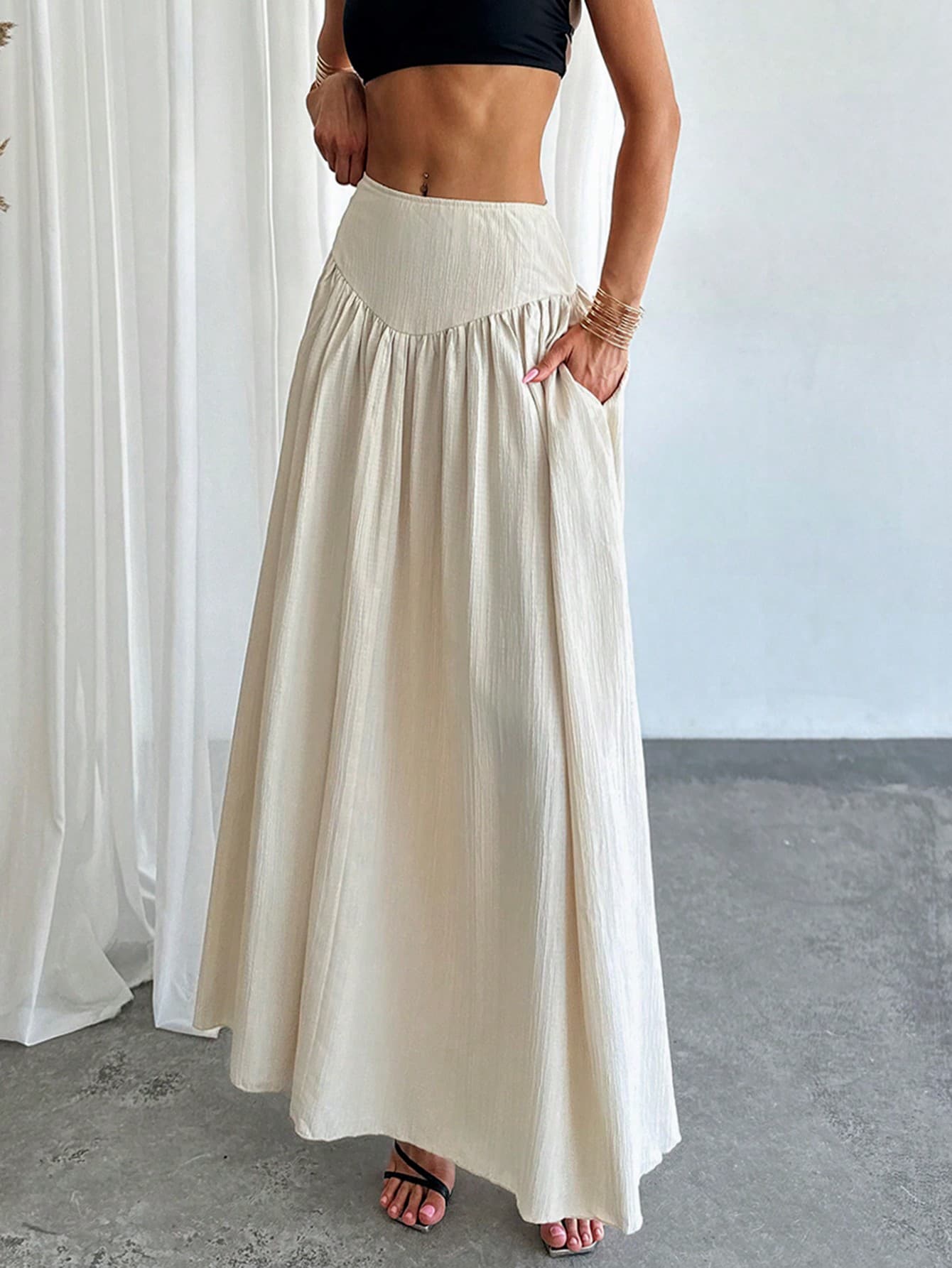 Firerie Women's Spring Ruched Waist Flared A-Line Skirt With Real Pockets