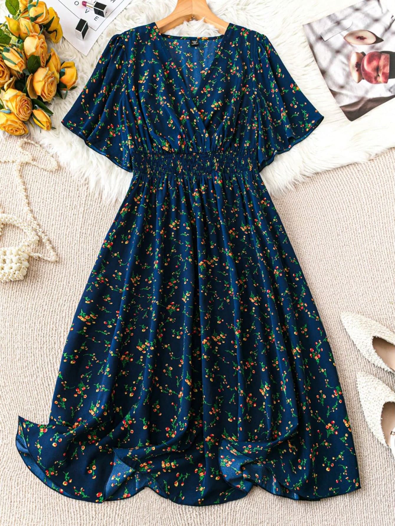SHEIN Unity Plus Size Boho Shirred Flower Printed Ruffled Sleeve Waist-Tying Holiday Summer Dress Women Outfit