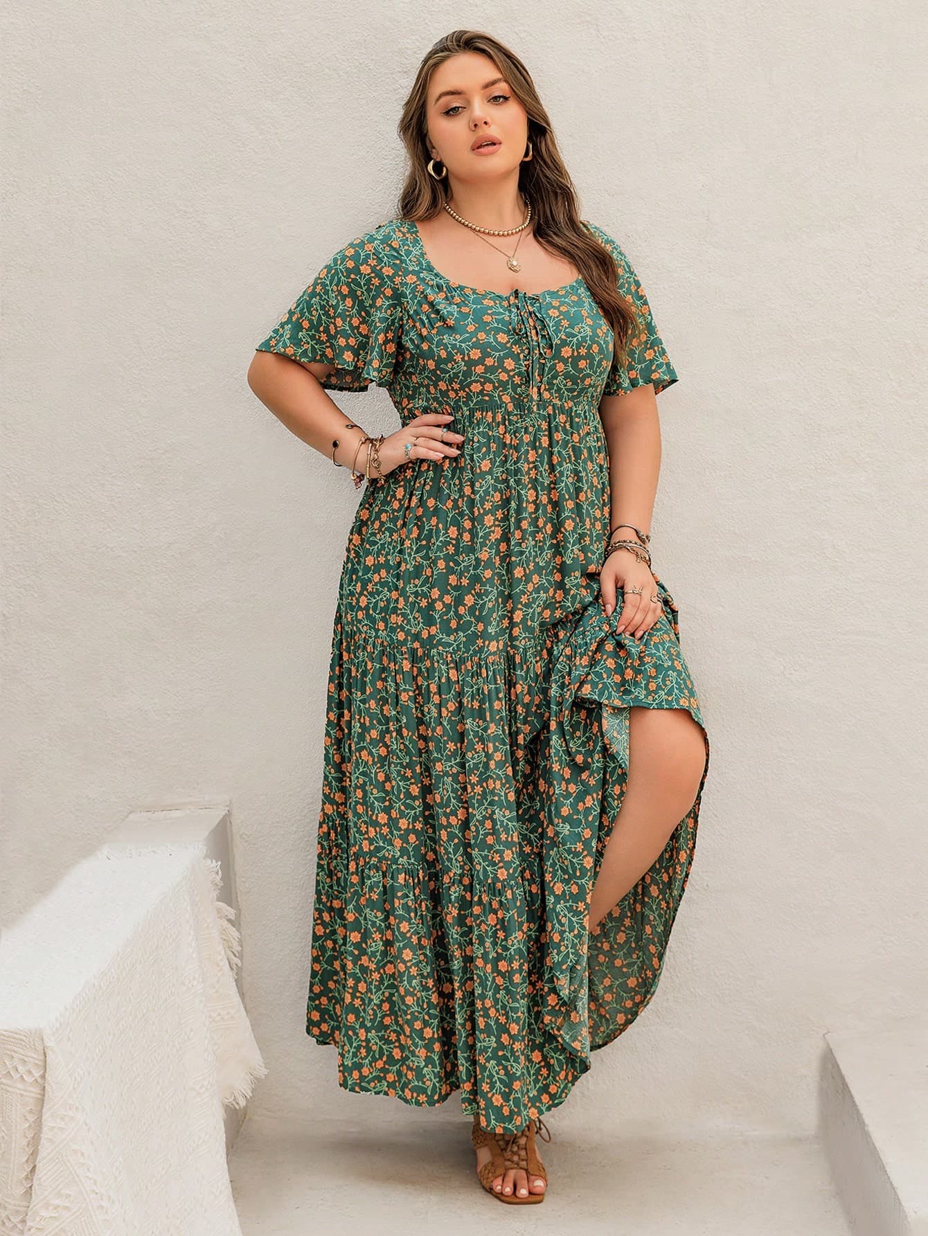Bohemian Green Floral Print Tie-Front Flowy Hem Casual Plus Size Dress, Beach Outfit, Hawaii Music Festival Tropical Vacation Elegant Summer