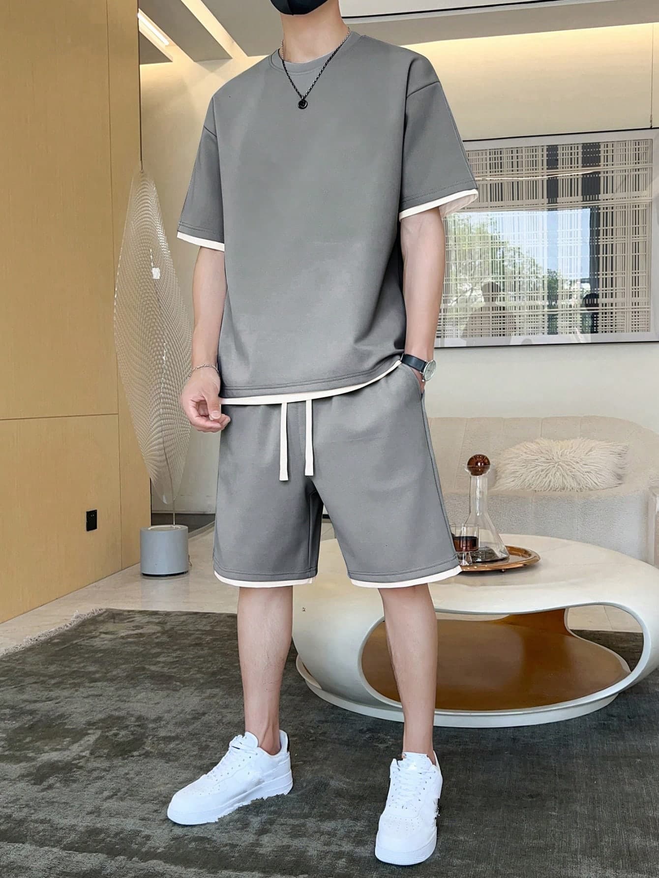 Men's Summer Color Block Round Neck Short Sleeve Casual T-Shirt And Drawstring Waist Shorts Set, Cozy Outfits