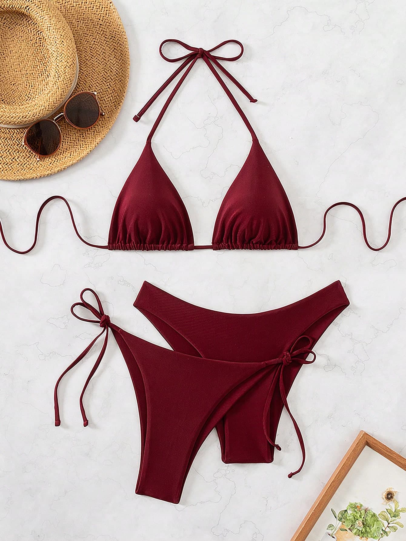 Swim Basics 3pcs Women's Summer Beach Solid Color Halter Tie Sexy Bikini Swimsuit Set