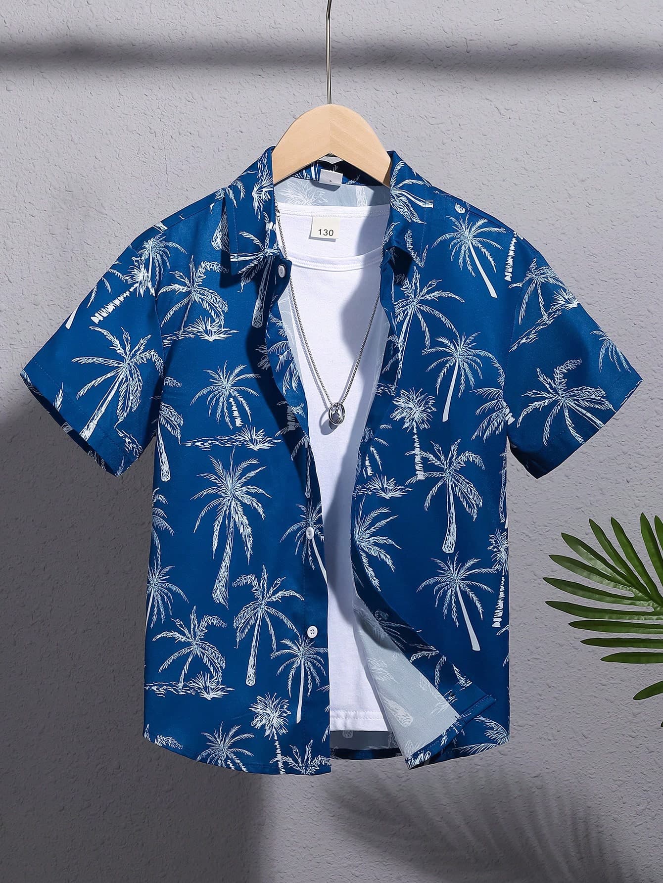 SHEIN Tween Boy Casual Coconut Tree Print Short Sleeve Woven Shirt With Lapel Collar, Vacation Style