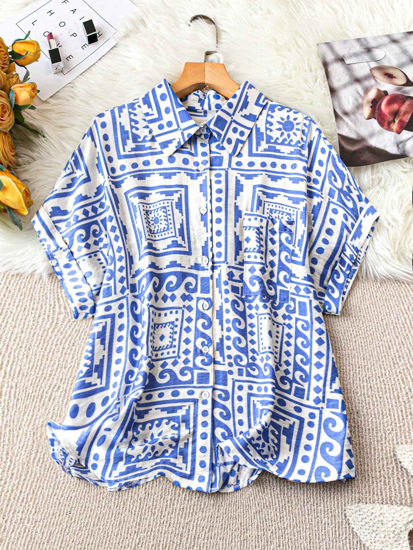 SHEIN LUNE Plus Size Women's Boho Vintage Style Printed Simple Casual Shirt, For Summer