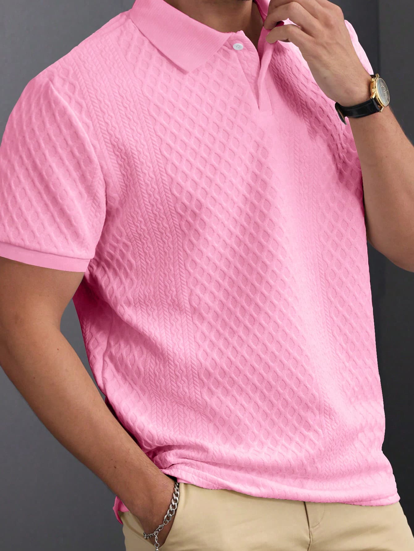 Manfinity Homme Men's Pink Checkered,Summer,Casual,Golf Polo Shirt,Geometric Texture Jacquard Knit Short-Sleeve,French Romance Hawaiian Beach Vacation,Premium Gift