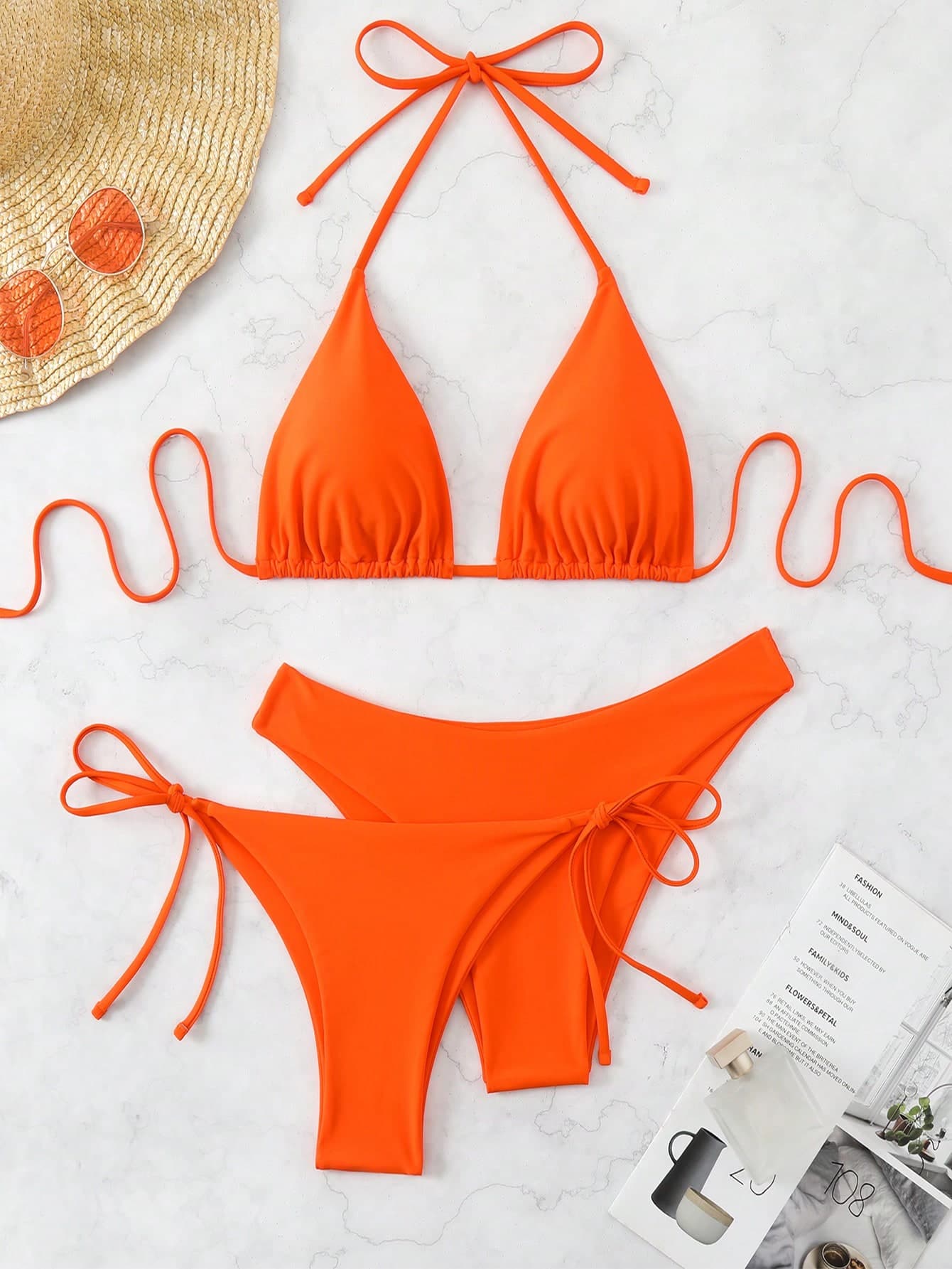 Swim Basics Women Summer Beach Solid Halter Neck 3-Piece Bikini Set Bathing Suit, Suitable For Holiday Orange Bikiniswimsuit Set