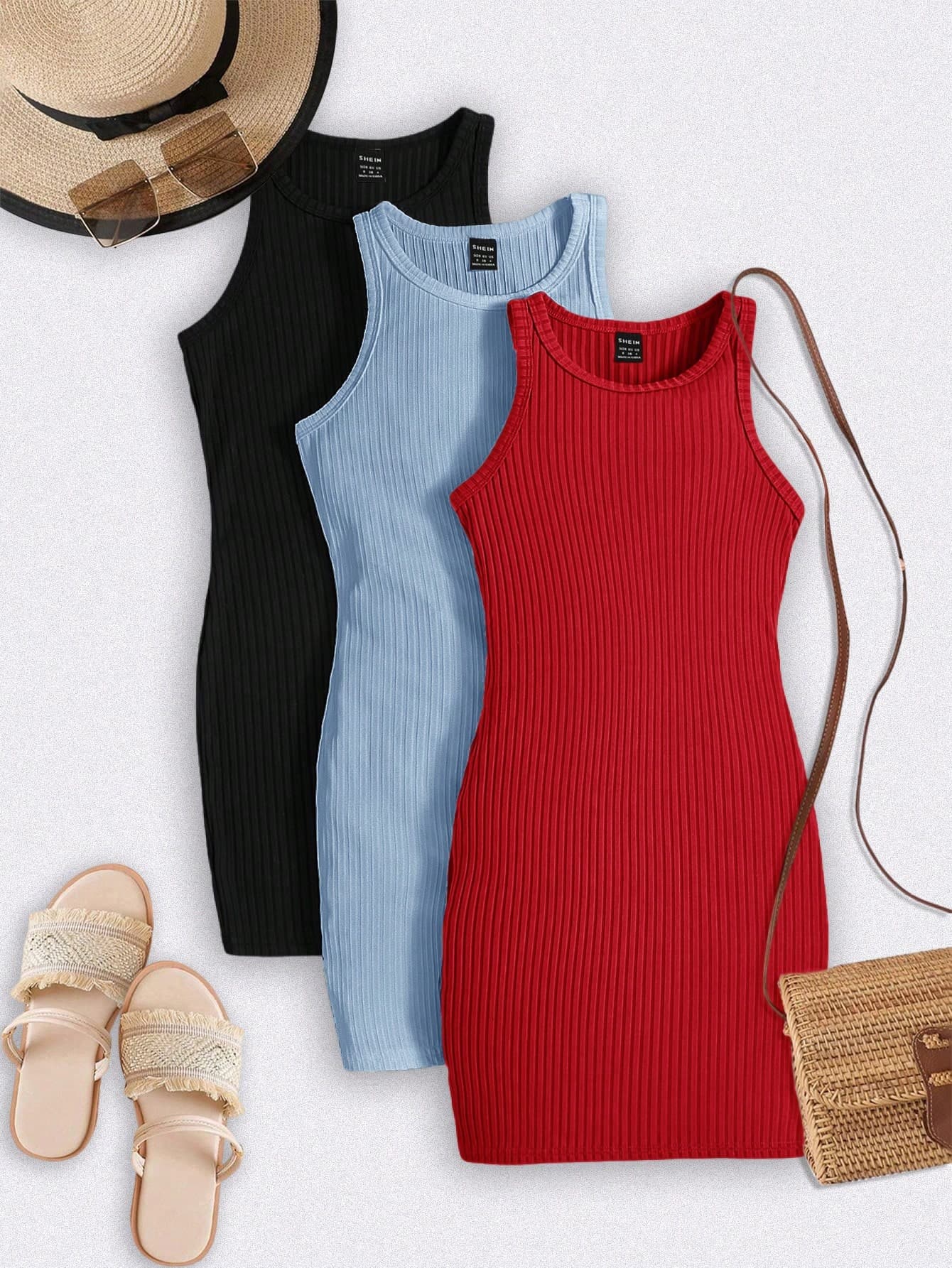 SHEIN LUNE Sport Game  Day Tracksuit  Women's 3pcs Athleisure Sports Tracksuit Set - Ribbed Crew Neck Sleeveless Fitted Dress & Contrast Trim
