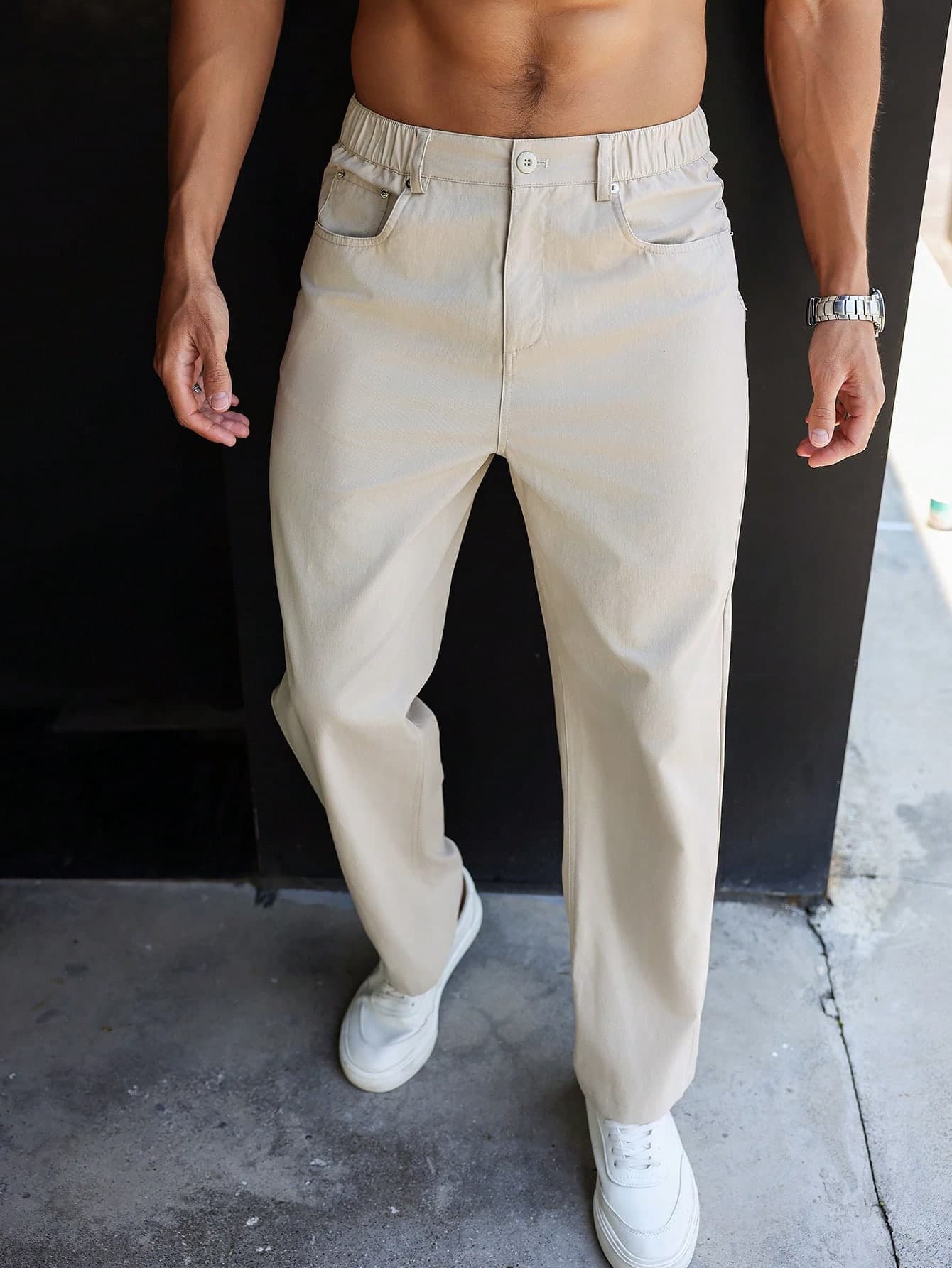 Manfinity Homme Men's Plain Straight-Legged Khaki Pants, For Fall