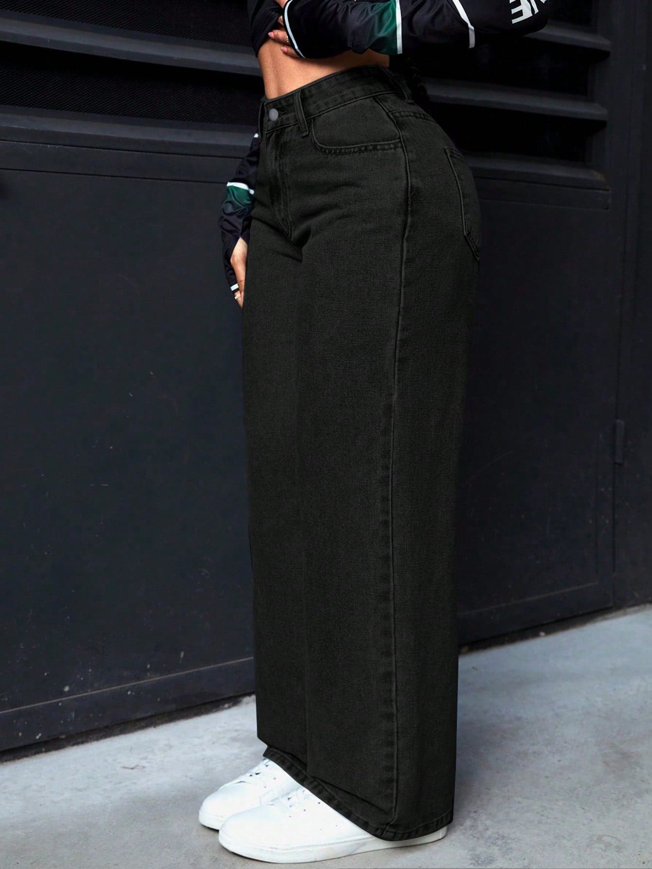 SHEIN PETITE Women's Loose Fit Casual Denim Wide Leg Pants With Pockets ,Petite Women