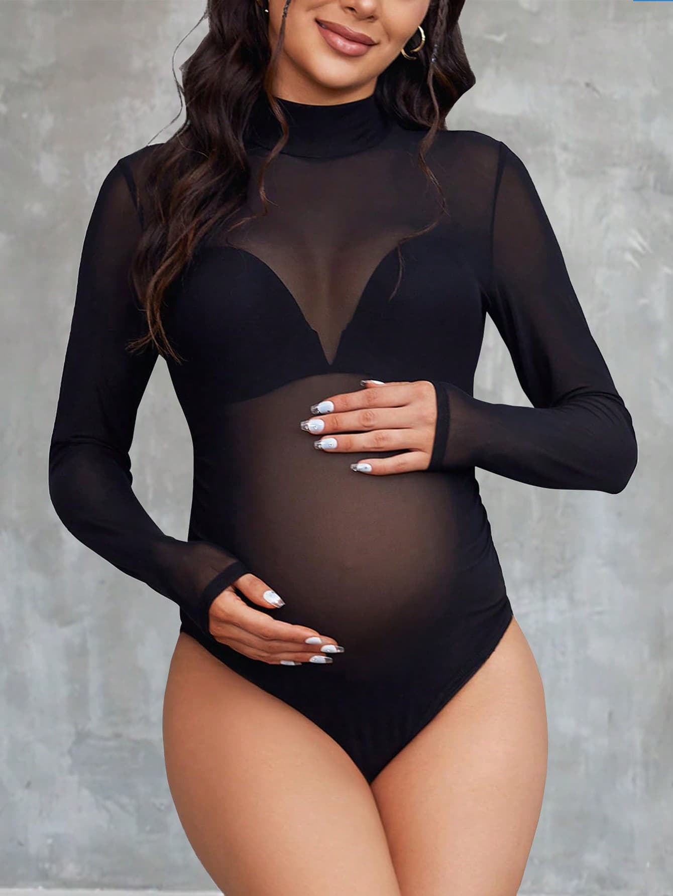 Maternity High Neck Sheer Mesh Bodysuits, Suitable For Photography, Long Sleeve Black Summer
