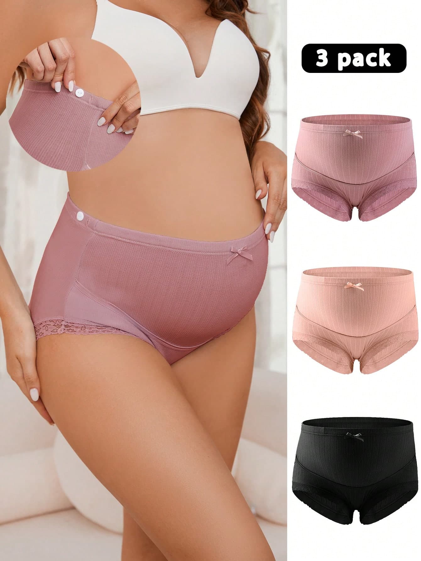 Moonlight&Mama 3pcs Maternity Solid Color Contrast Lace Bow Decorated Underwear Panties Set, Lingerie Bow Tie